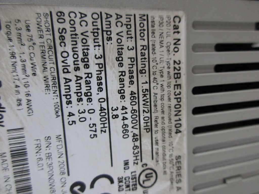 ALLEN BRADLEY 22B-E3P0N104 SER A POWERFLEX AC DRIVE *USED*