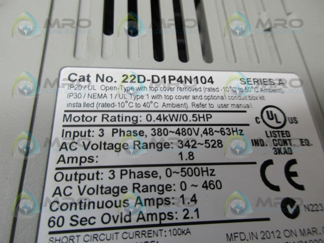 ALLEN BRADLEY 22D-D1P4N104 SER A POWERFLEX AC DRIVE *USED*