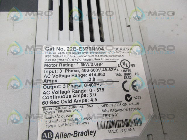 ALLEN BRADLEY 22B-E3P0N104 F/W 6.01 SER.A  POWERFLEX AC DRIVE *USED*