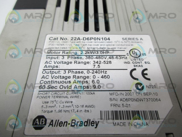 ALLEN BRADLEY 22A-D6P0N104 SER.A F/W 5.01 POWERFLEX AC DRIVE *USED*
