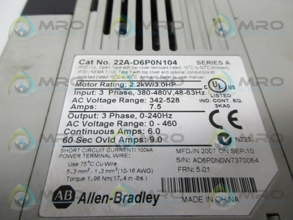 ALLEN BRADLEY 22A-D6P0N104 SER.A F/W 5.01 POWERFLEX AC DRIVE *USED*