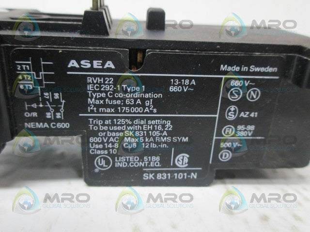 ASEA RVH22 OVERLOAD RELAY 13-18A *USED*