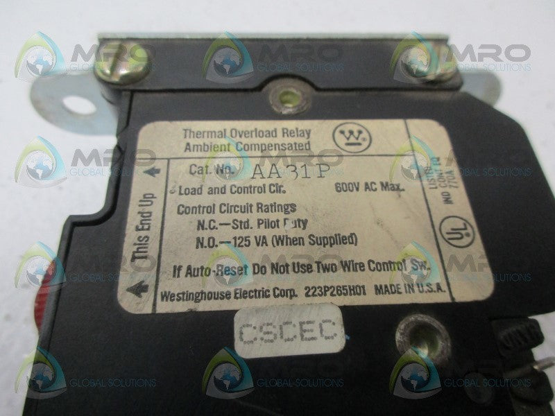WESTINGHOUSE AA31P THERMAL RELOAD RELAY *USED*
