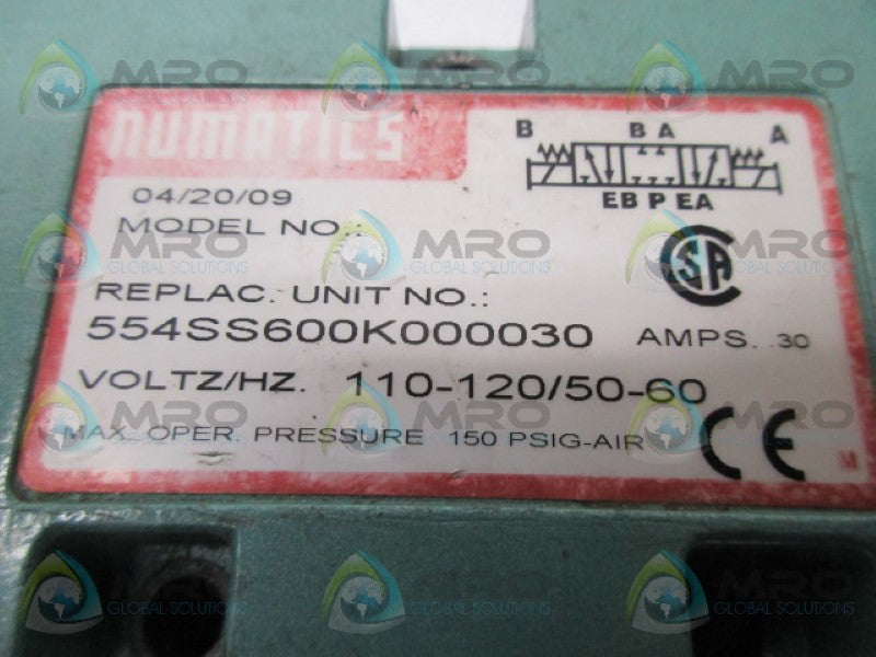 NUMATICS 554SS600K000030 SOLENOID VALVE (AS PICTURED) *USED