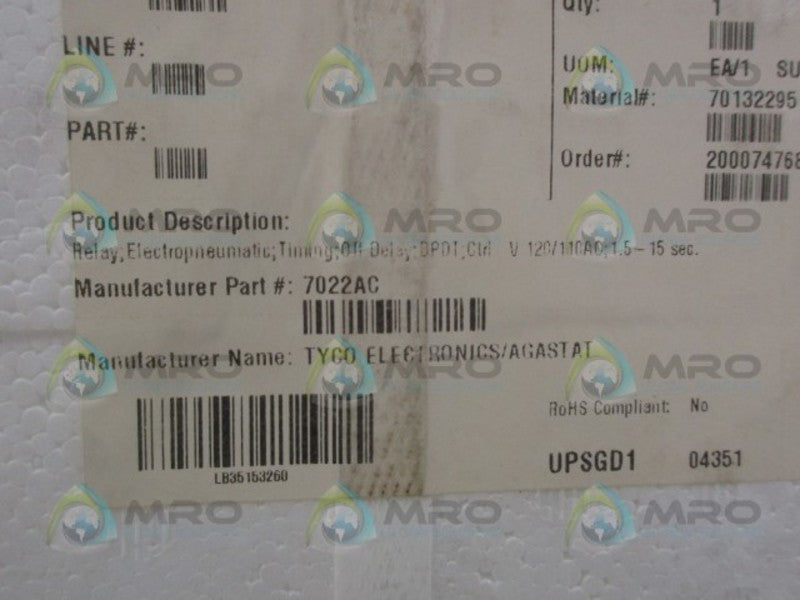 AGASTAT 7022AC TIMING RELAY 1.5-15 SEC. *FACTORY SEALED*