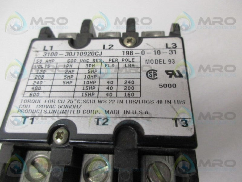 PRODUCTS UNLIMITED 93 3100-30J10920CJ CONTACTOR 120VAC *USED*