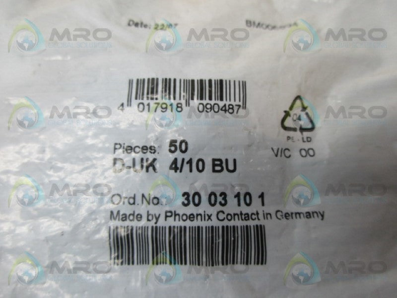 PHOENIX CONTACT D-UK4/10BU TERMINAL END PLATE (PKG OF 50) *NEW IN FACTORY BAG*