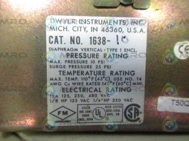 DWYER 1638-10 DIFFERENTIAL PRESSURE SWITCH *NEW NO BOX*
