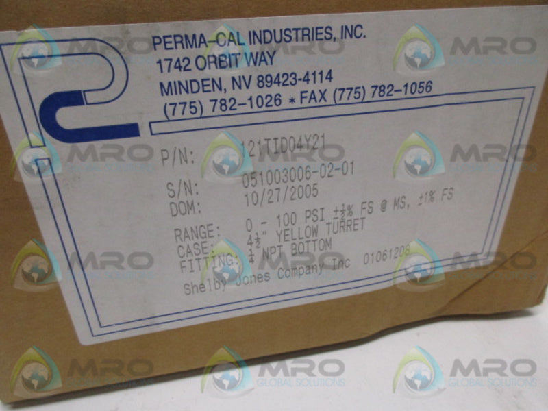 PERMA-CAL 121TID04Y21 PROCESS GAUGE 0-100 PSI * FACTORY SEALED *