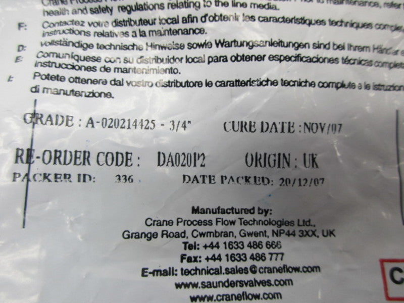 SAUNDERS DA020P2 DIAPHRAGM * NEW IN FACTORY BAG *