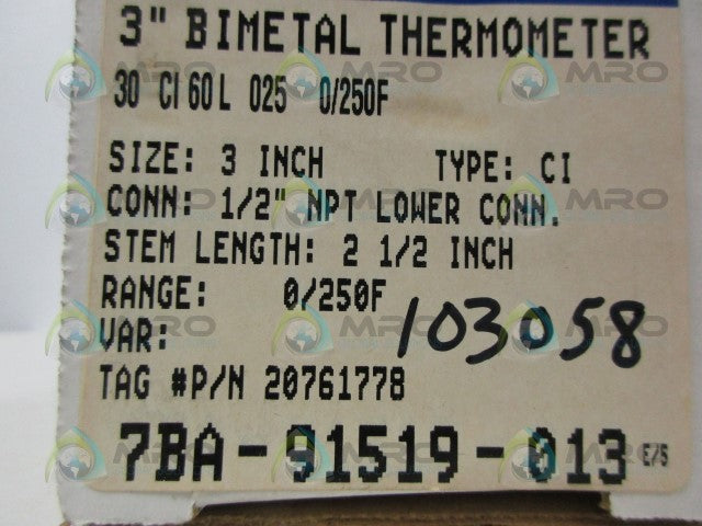 ASHCROFT 30CI60L025 0/250F THERMOMETER *NEW IN BOX*
