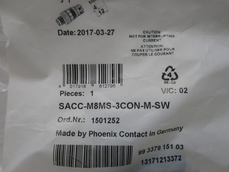 PHOENIX CONTACT SACC-M8MS-3CON-M-SW (1501252) * NEW IN FACTORY BAG *
