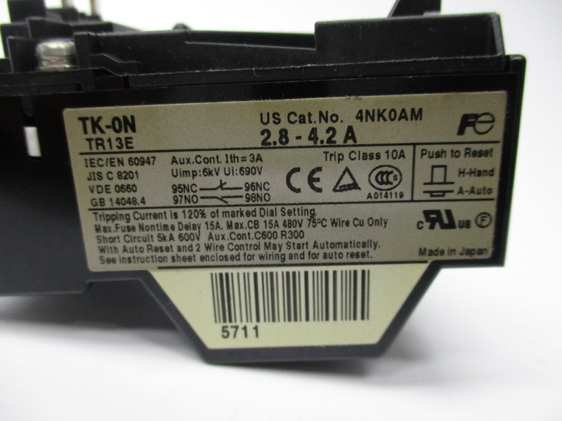 FUJI ELECTRIC 4NK0AM (TK-ON) OVERLOAD RELAY 2.8-4.2A NSMP
