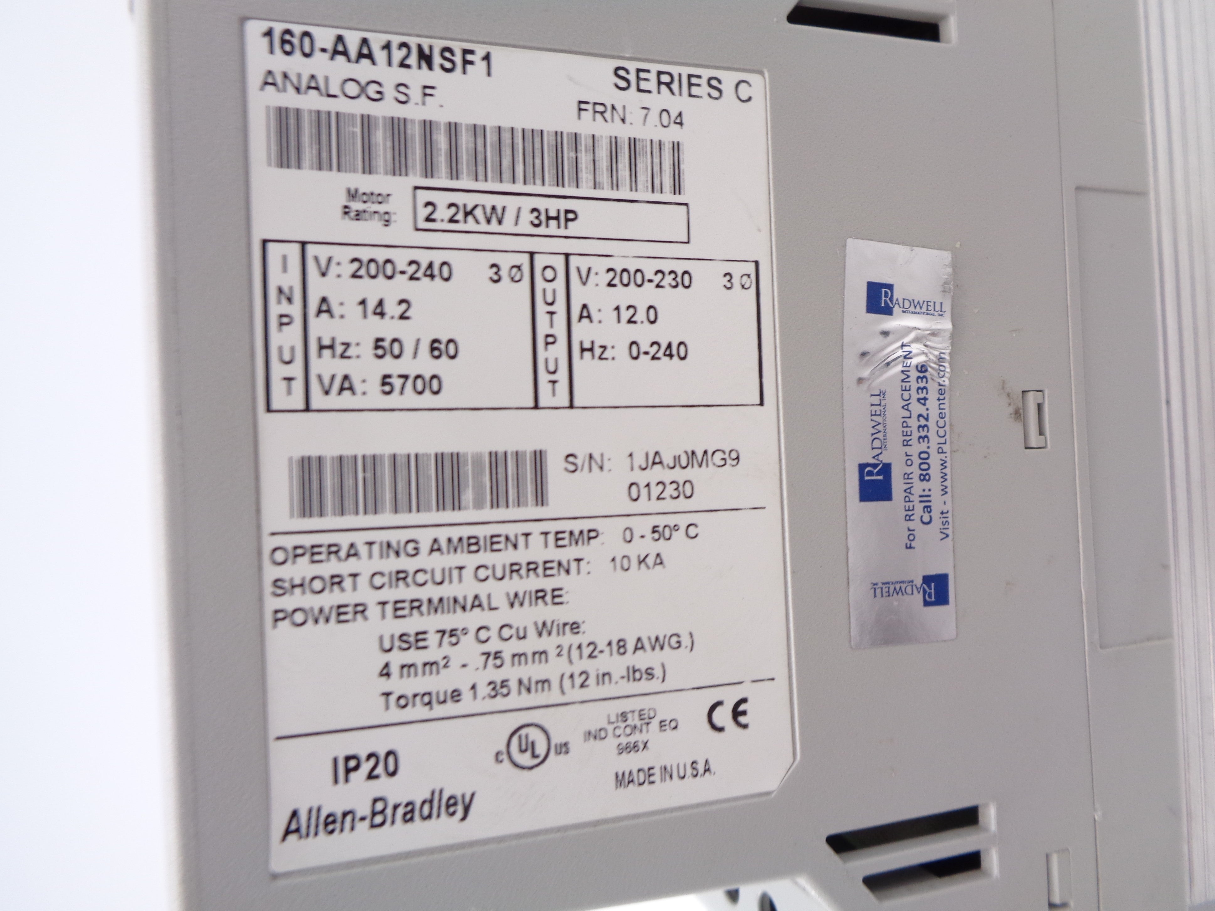 ALLEN BRADLEY 160-AA12NSF1 SER. C F/W 7.04 NSNP