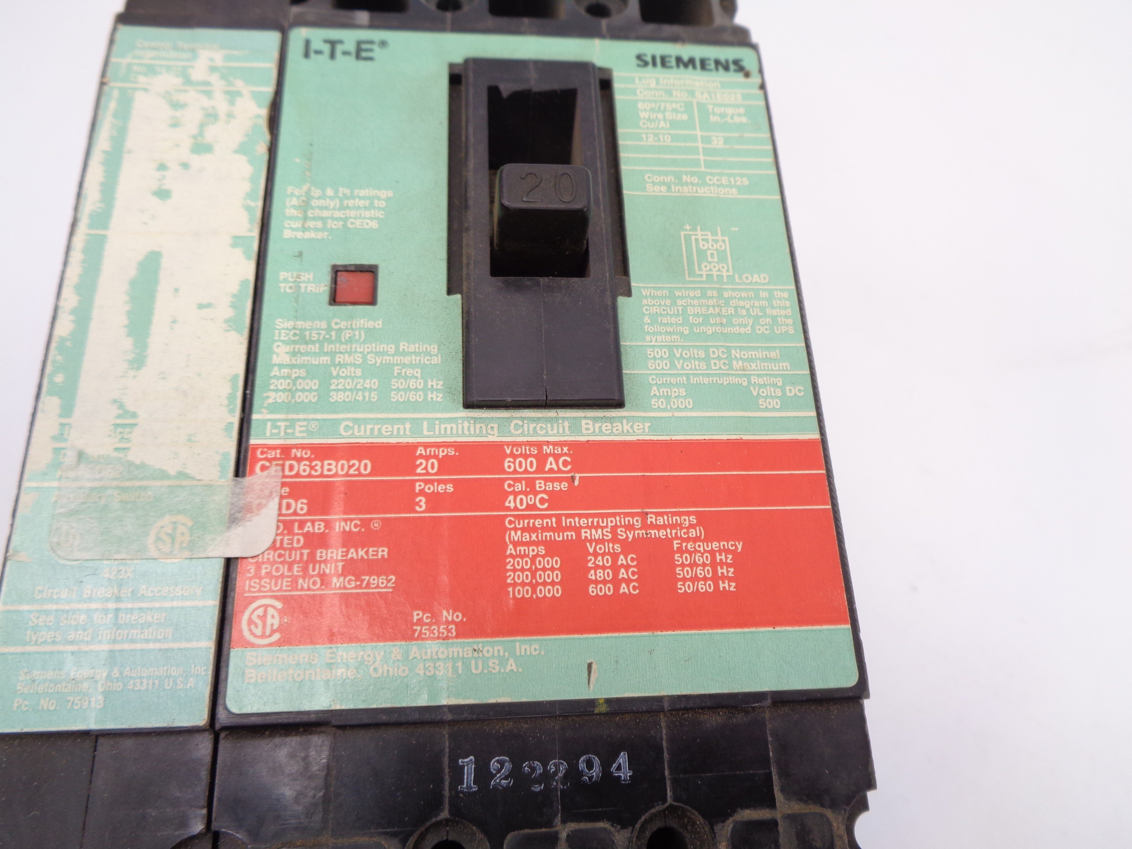 SIEMENS CED63B020 20A 600V UNMP