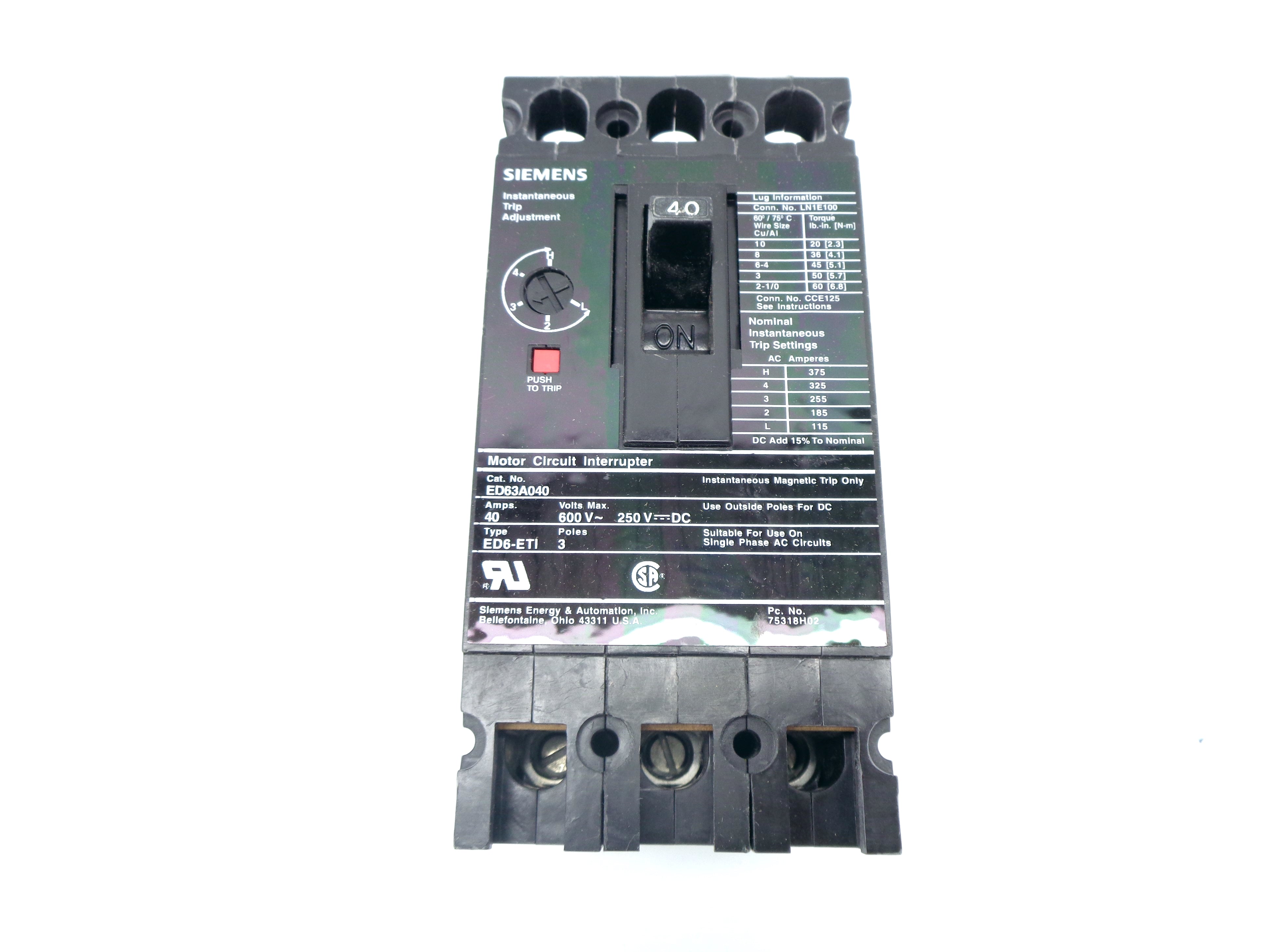 SIEMENS ED63A040 40A 600V NSMP