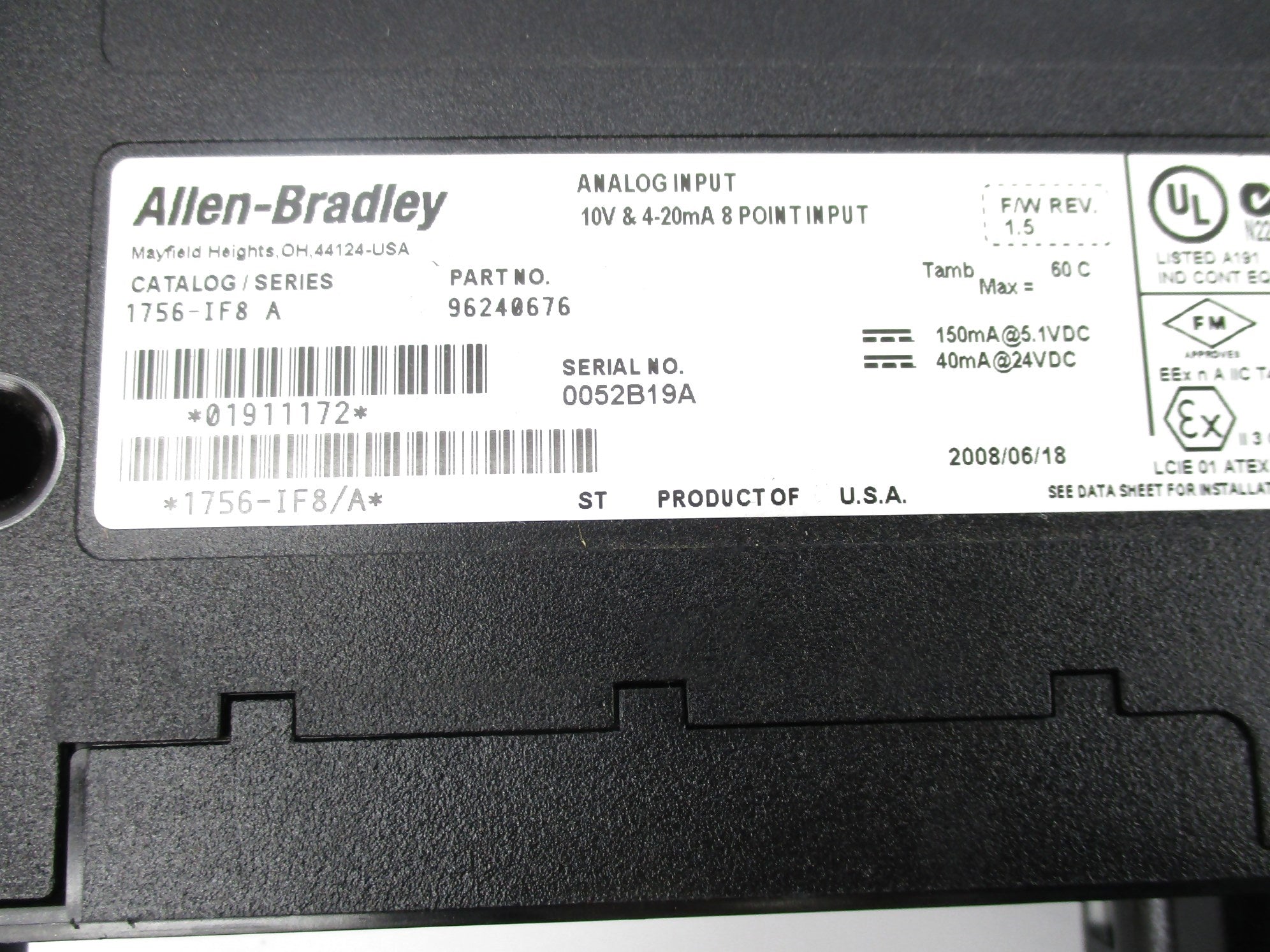 ALLEN BRADLEY 1756-IF8 SER. A F/W 1.5 (AS PICTURED) NSNP