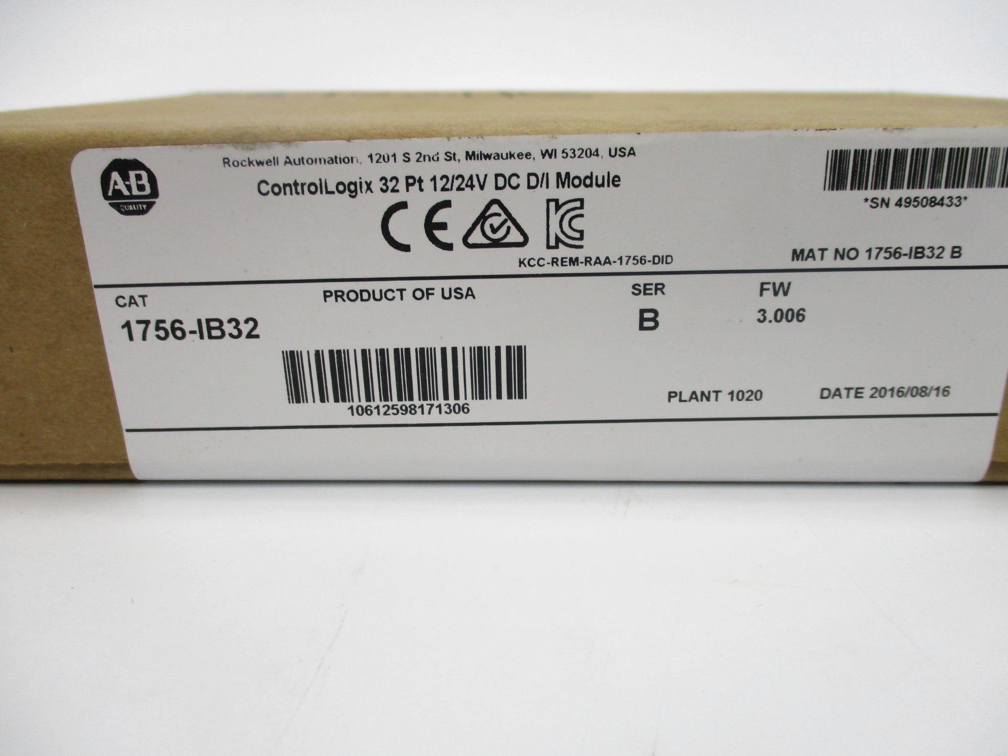 ALLEN BRADLEY 1756-IB32 SER. B F/W 3.006 DATE: 2016 NSFS