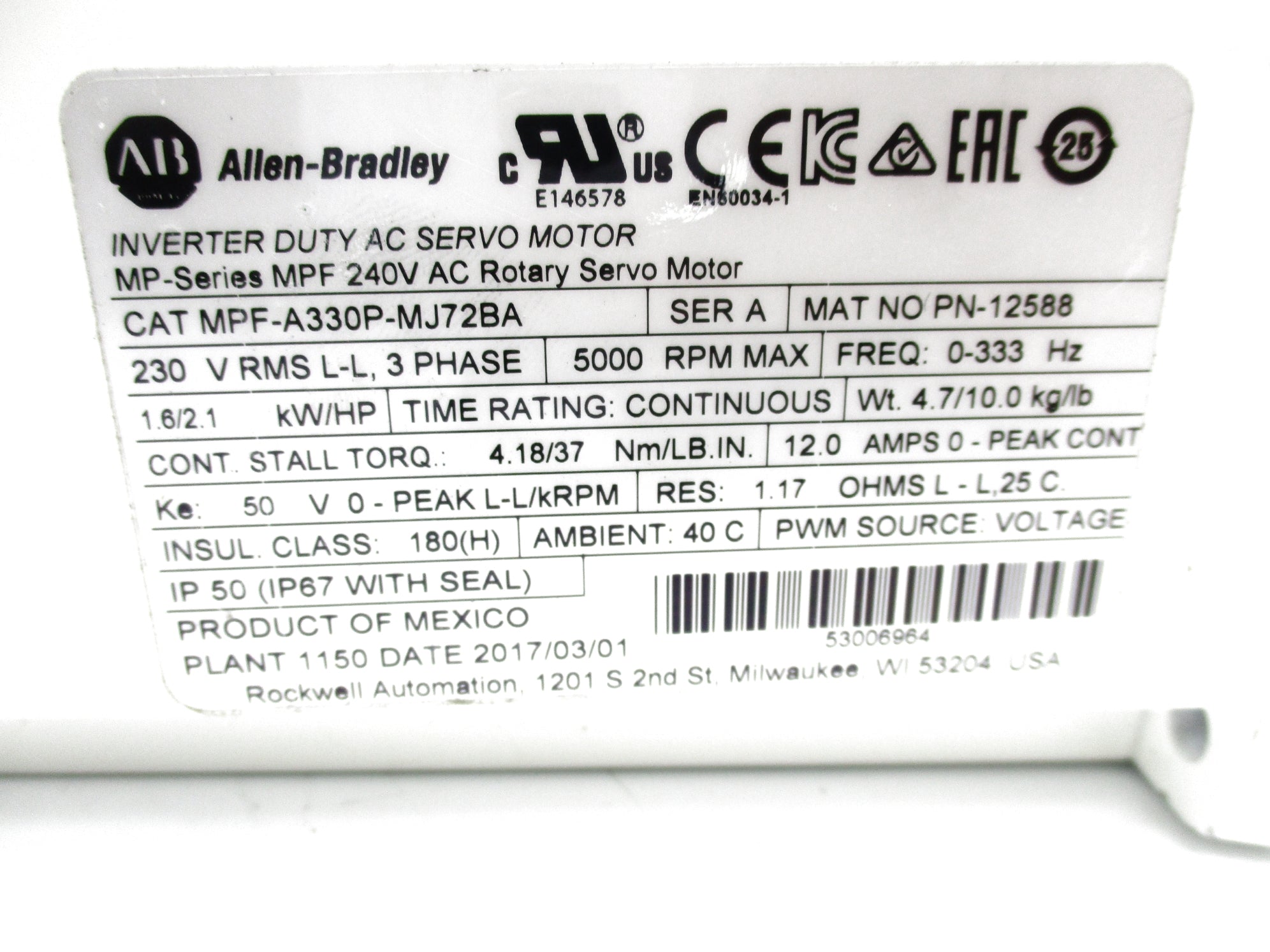 ALLEN BRADLEY MPF-A330P-MJ72BA SER. A NSNP