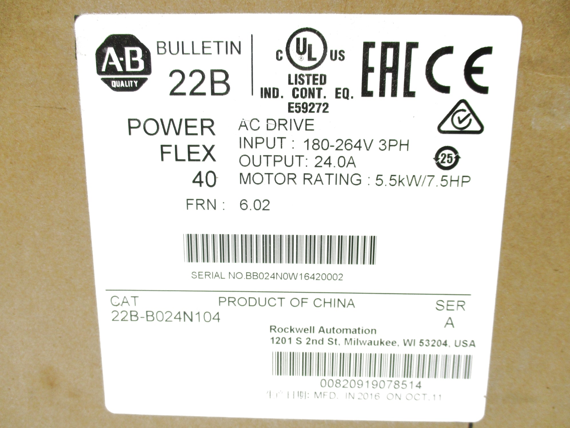 ALLEN BRADLEY 22B-B024N104 SER. A NSMP