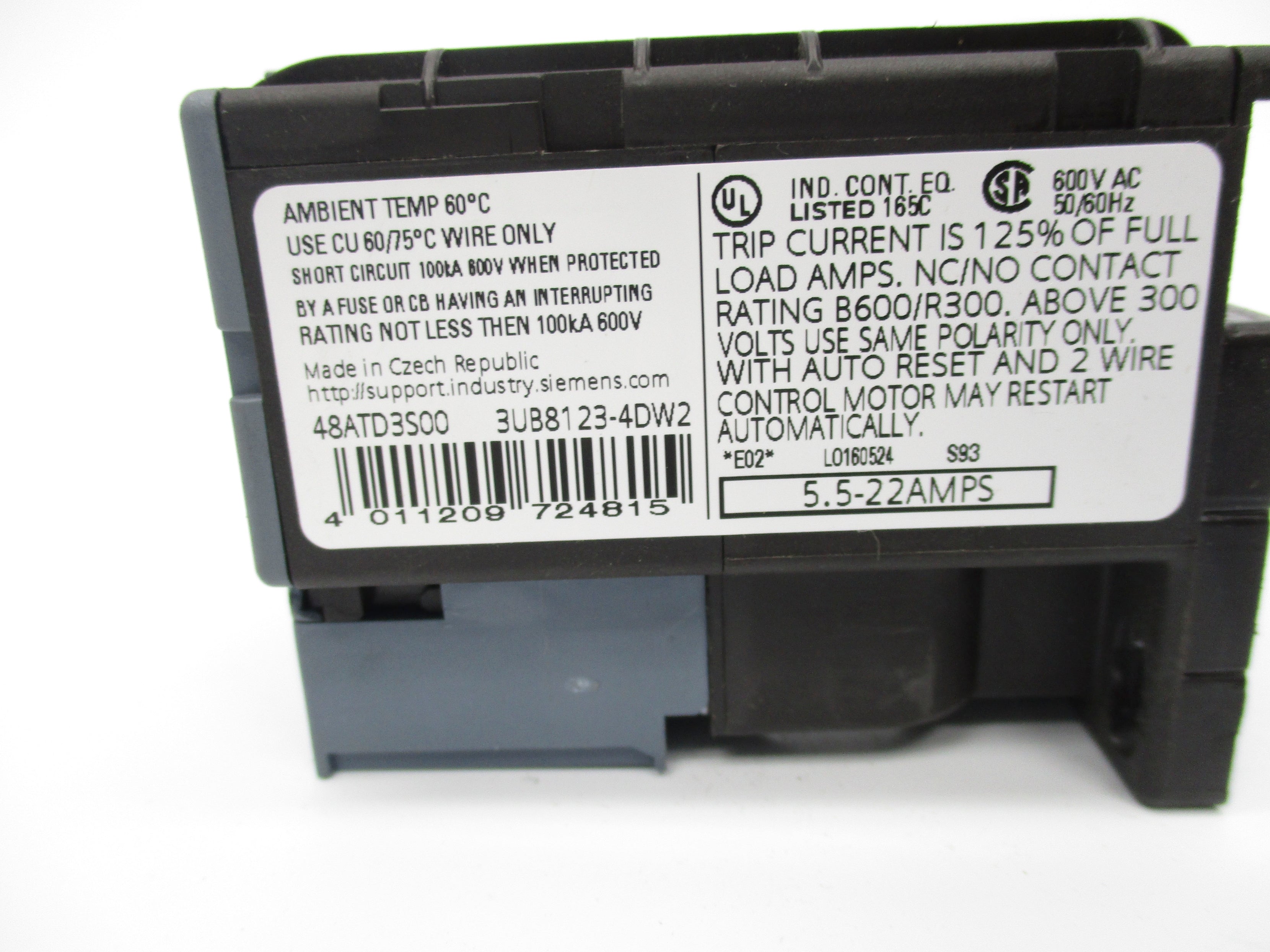 SIEMENS 48ATD3S00 600VAC 5.5-22AMPS UNMP