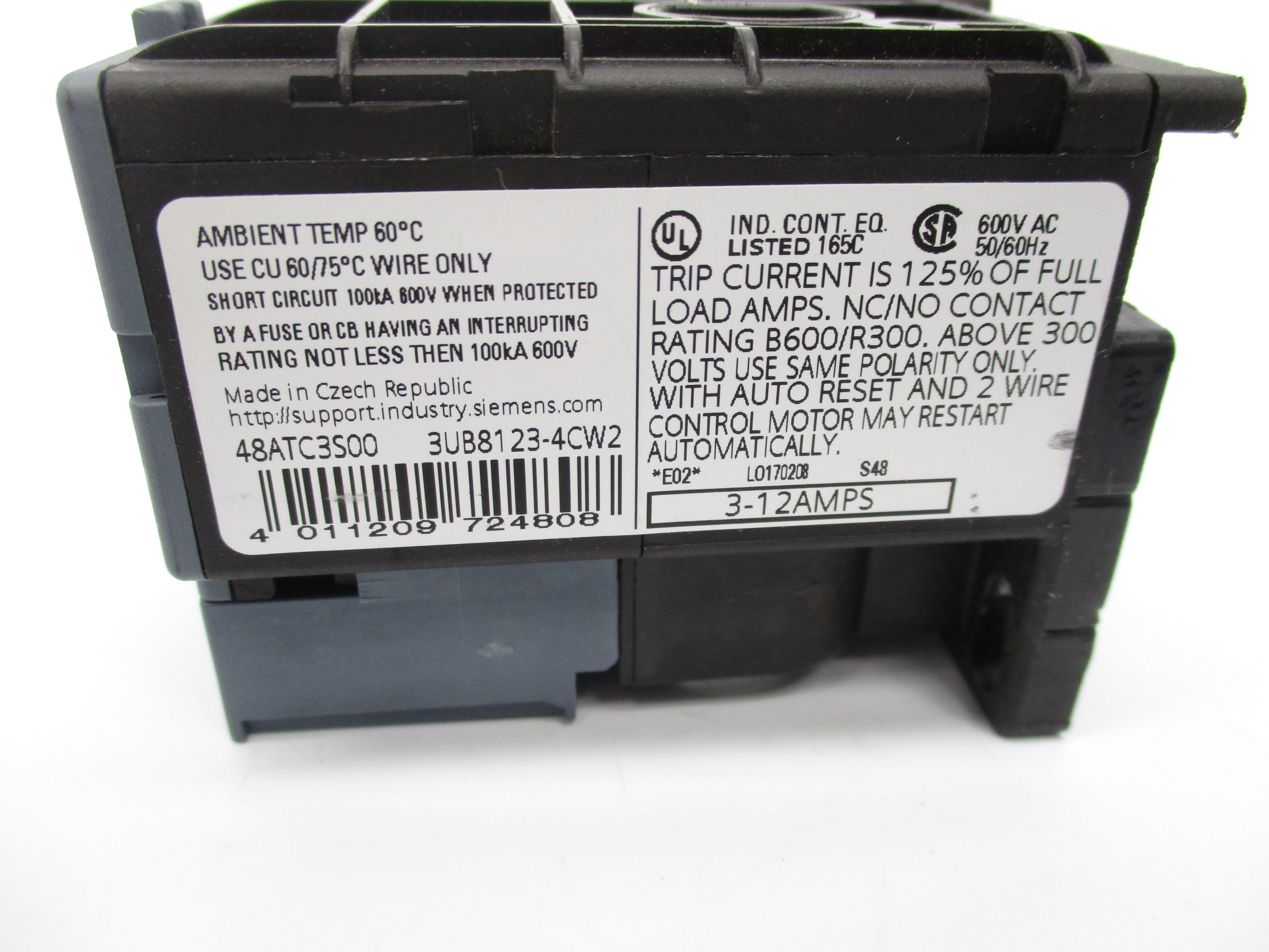 SIEMENS 48ATC3S00 600VAC 3-12AMPS UNMP
