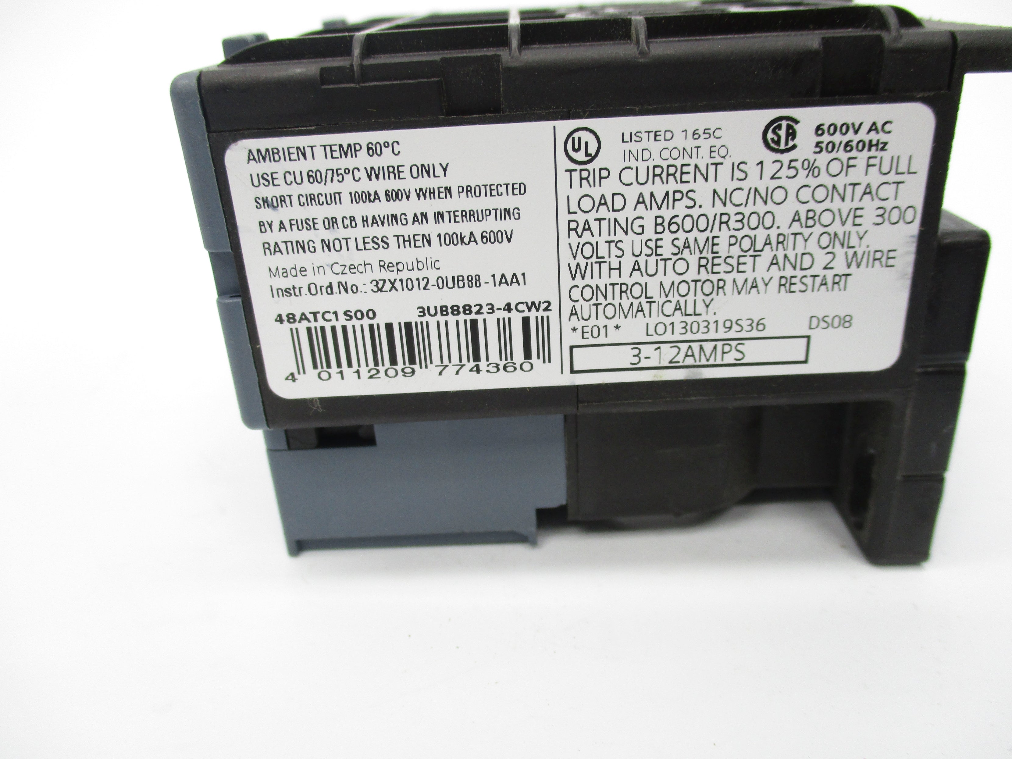 SIEMENS 48ATC1S00 600VAC 3-12AMPS UNMP