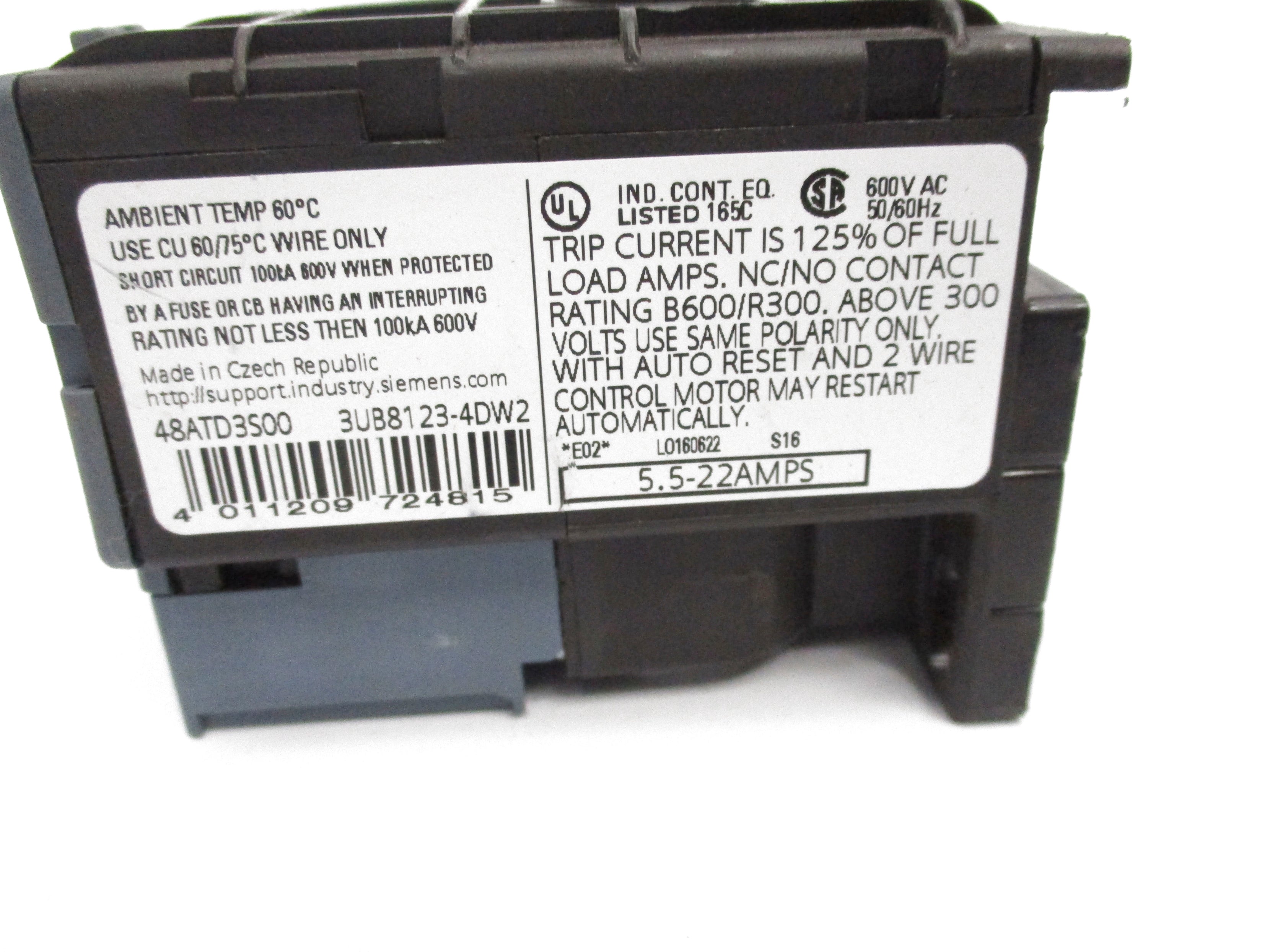 SIEMENS 48ATD3S00 600VAC 5.5-22AMPS UNMP