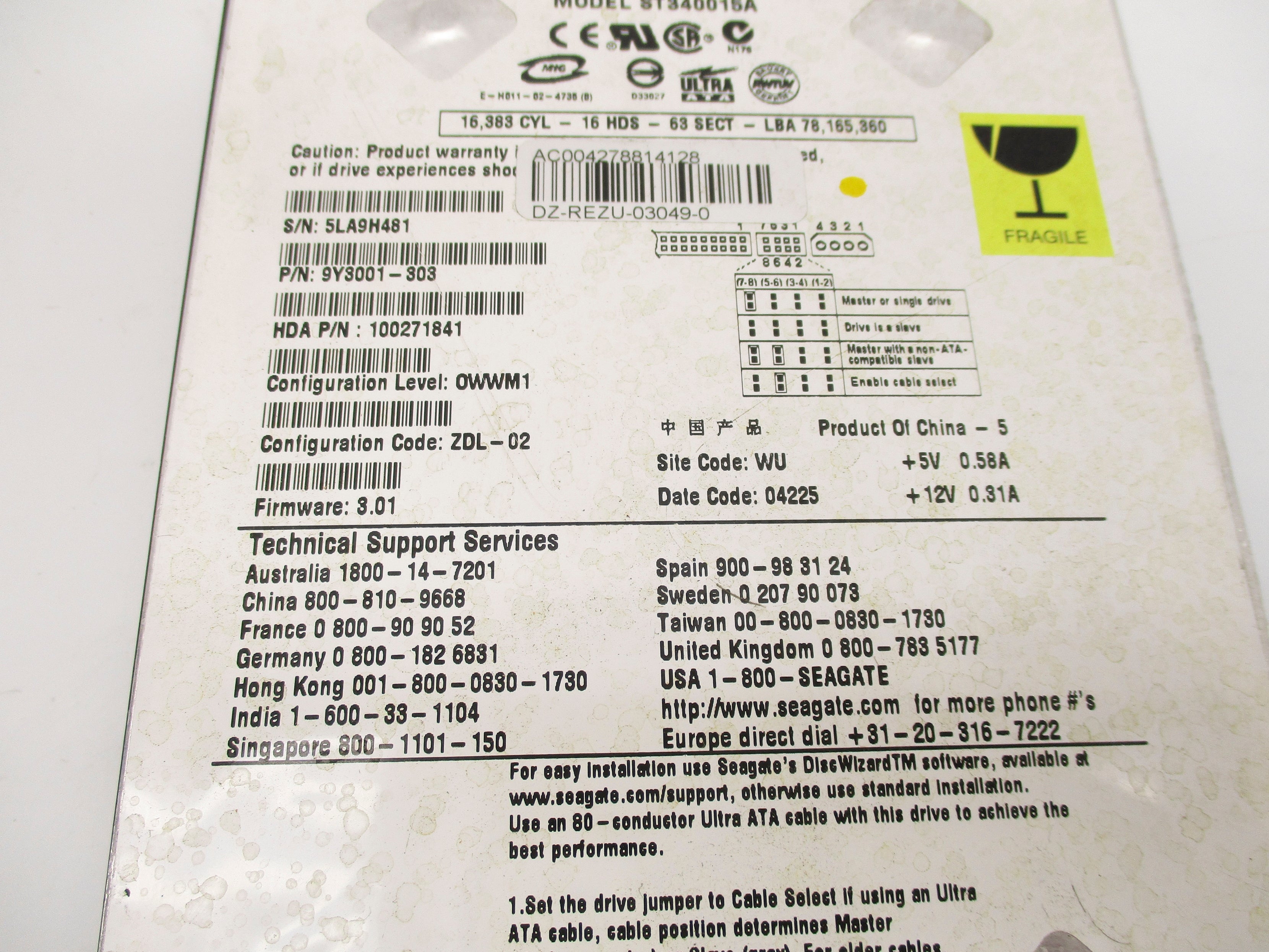 SEAGATE ST340015A 9Y3001-303 NSNP