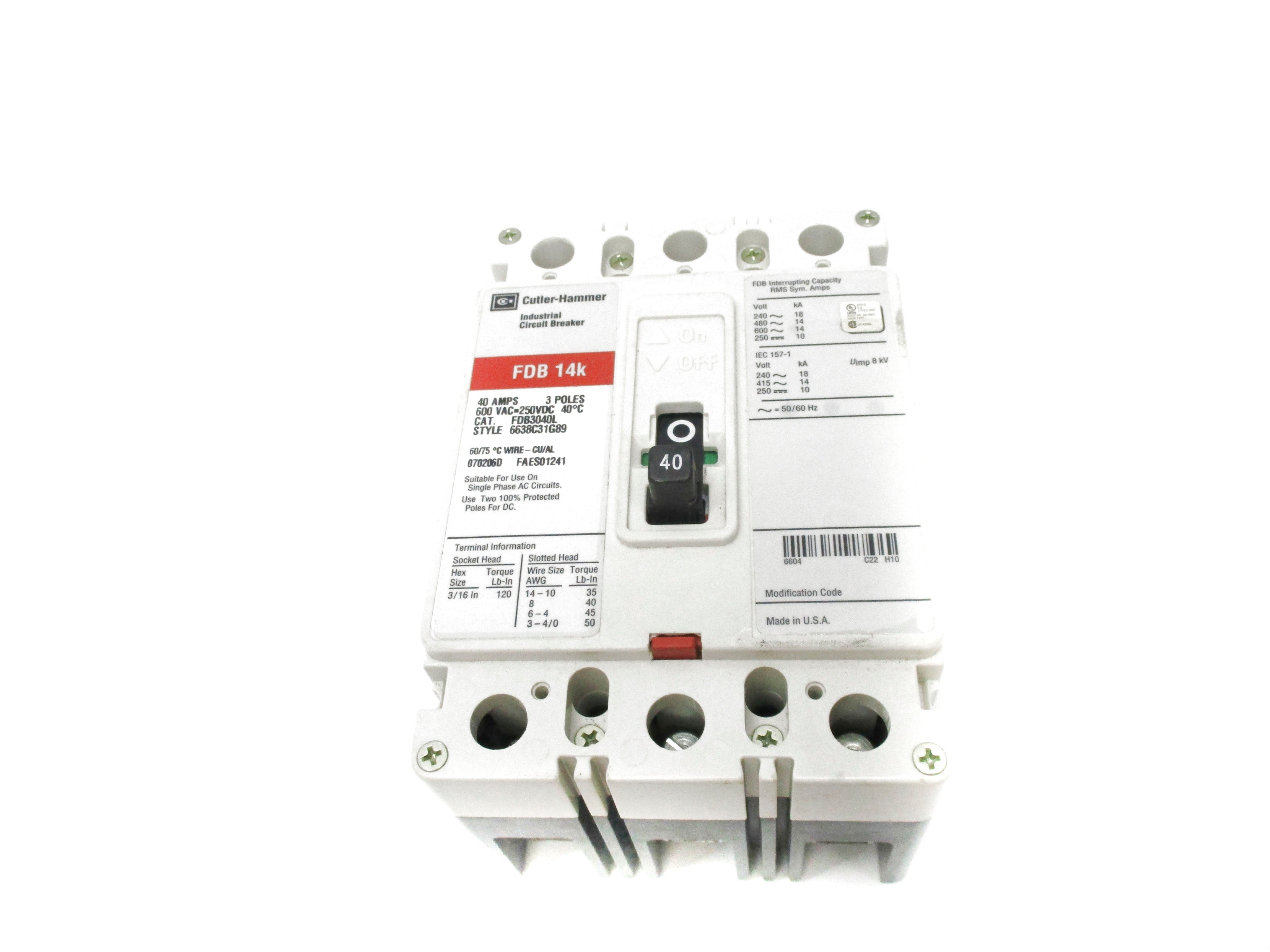 CUTLER HAMMER FDB3040L 600VAC-250VDC 40AMPS NSNP
