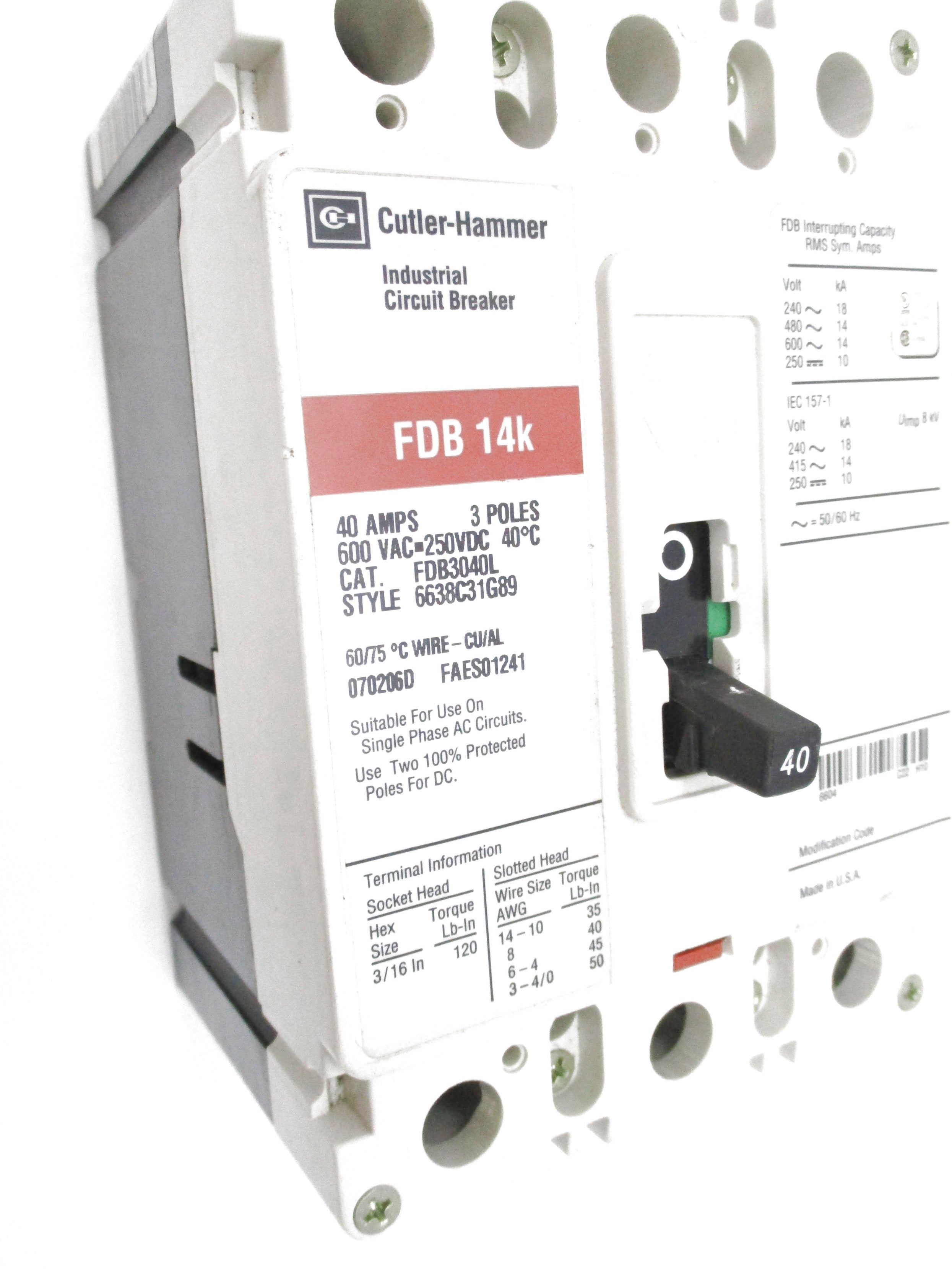CUTLER HAMMER FDB3040L 600VAC-250VDC 40AMPS NSNP