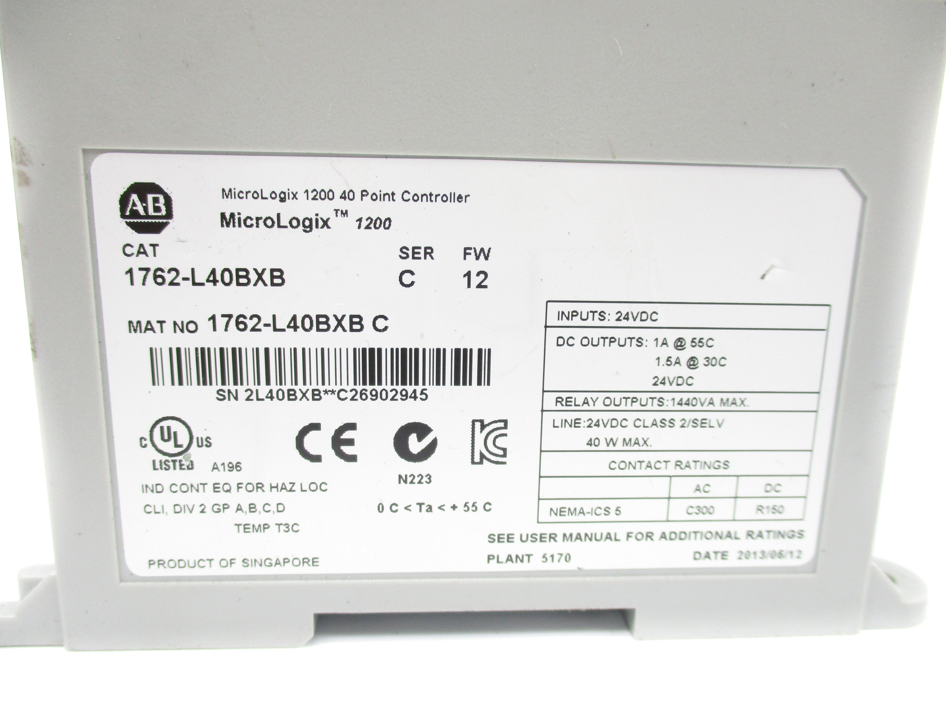ALLEN BRADLEY 1762-L40BXB SER. C F/W 12 NSNP