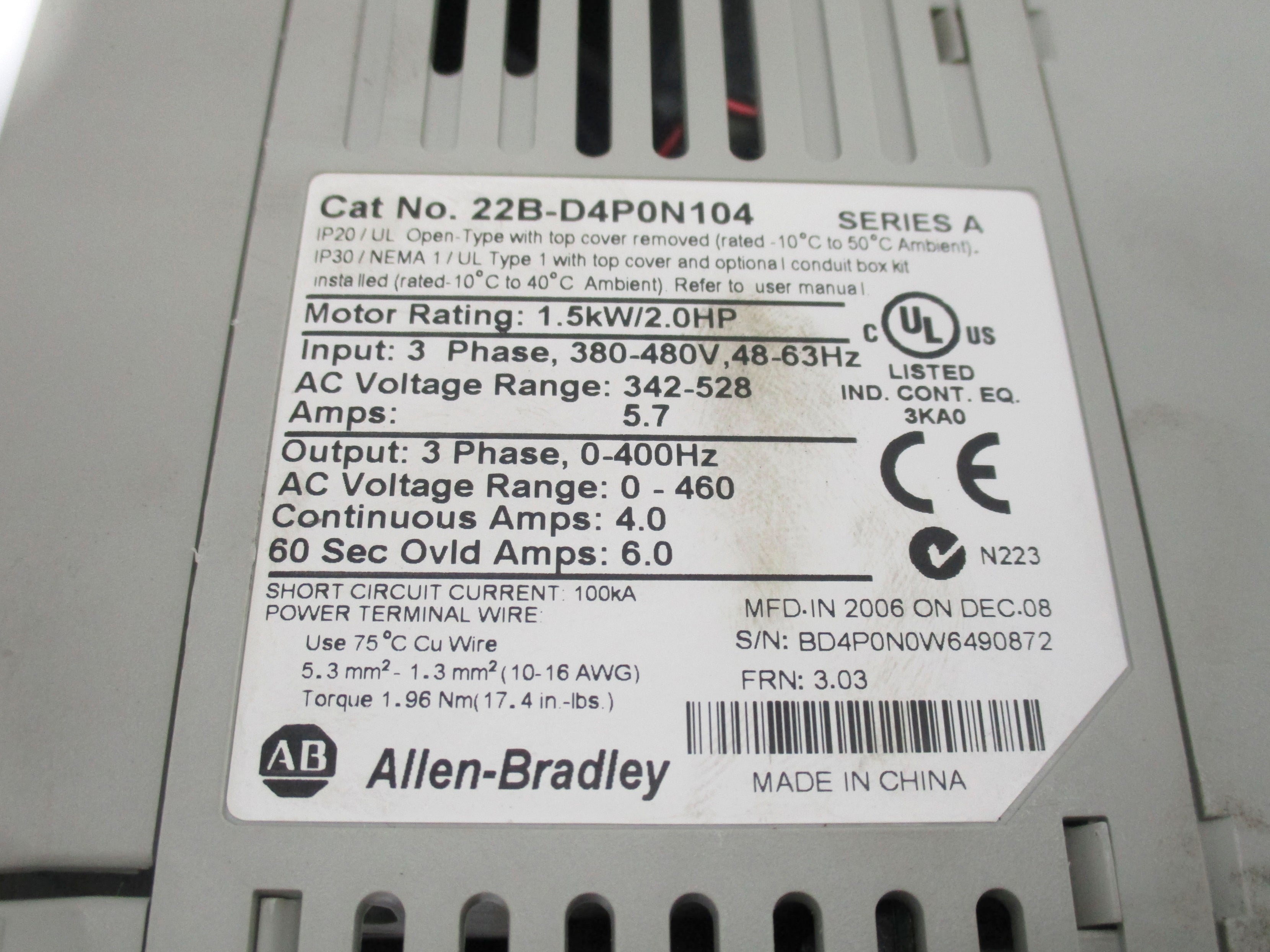 ALLEN BRADLEY 22B-D4P0N104 SER. A F/W 3.03 NSNP