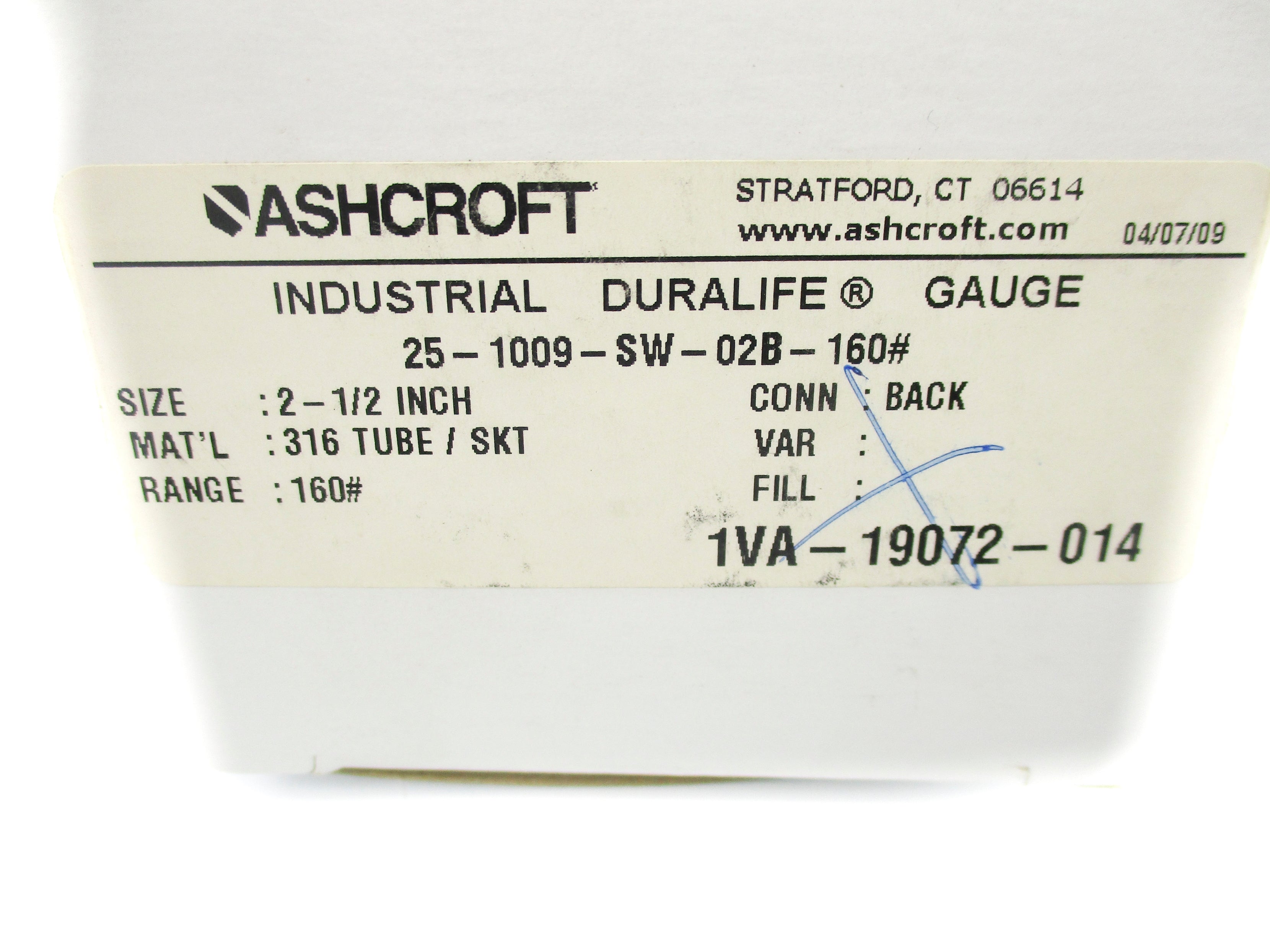 ASHCROFT 25-1009-SW-02B-160# 0-160PSI NSMP