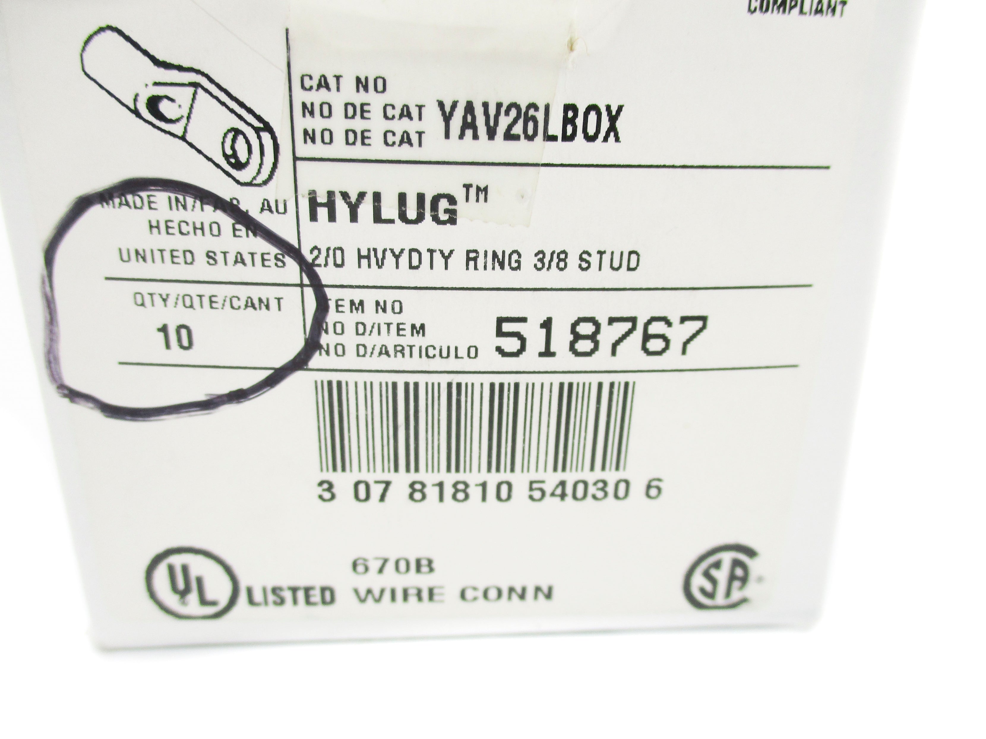 BURNDY YAV26LBOX (PKG OF 10) NSMP