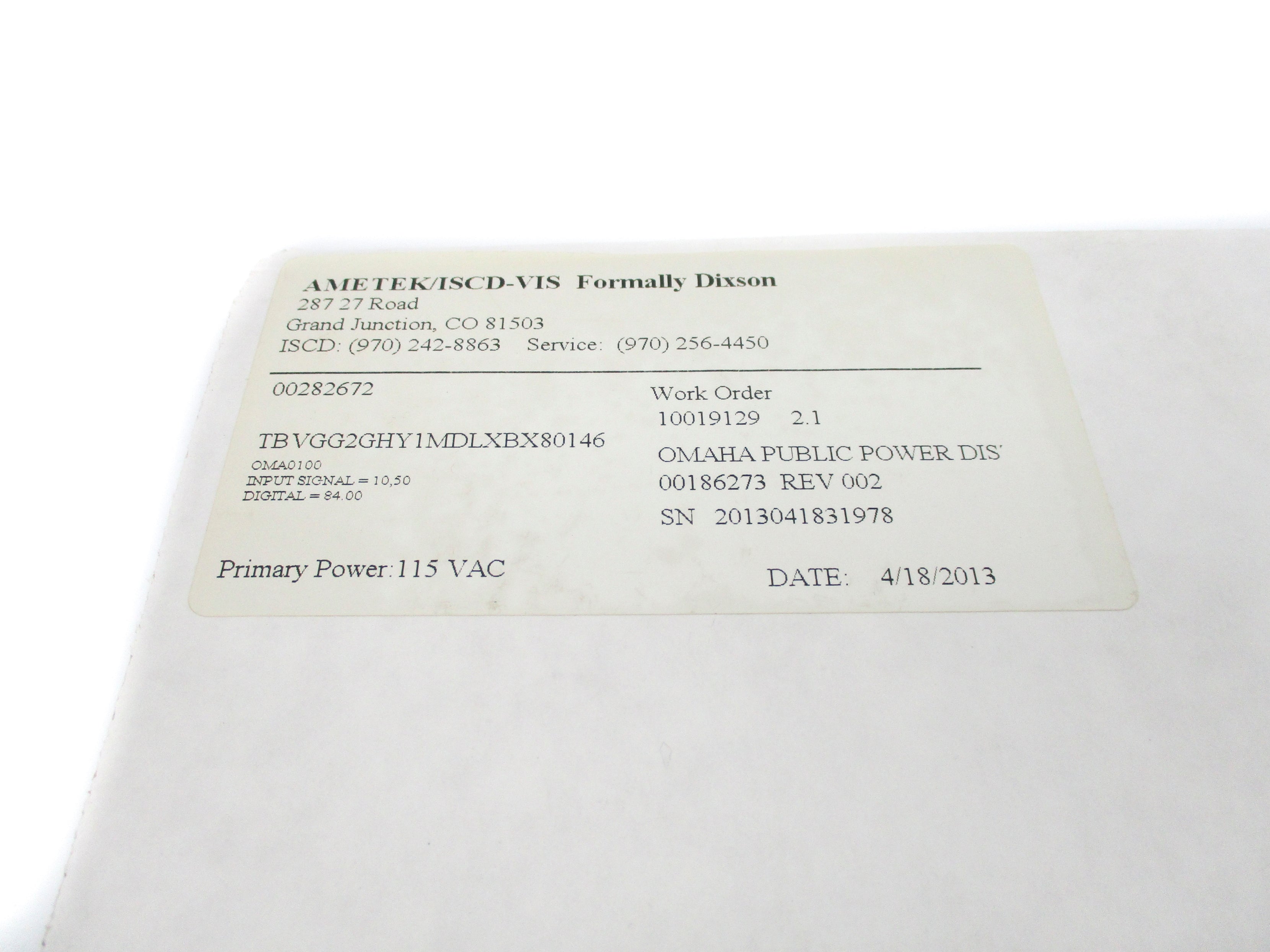 AMETEK TBVGG2GHY1MDLXBX80146 0-84IN NSMP