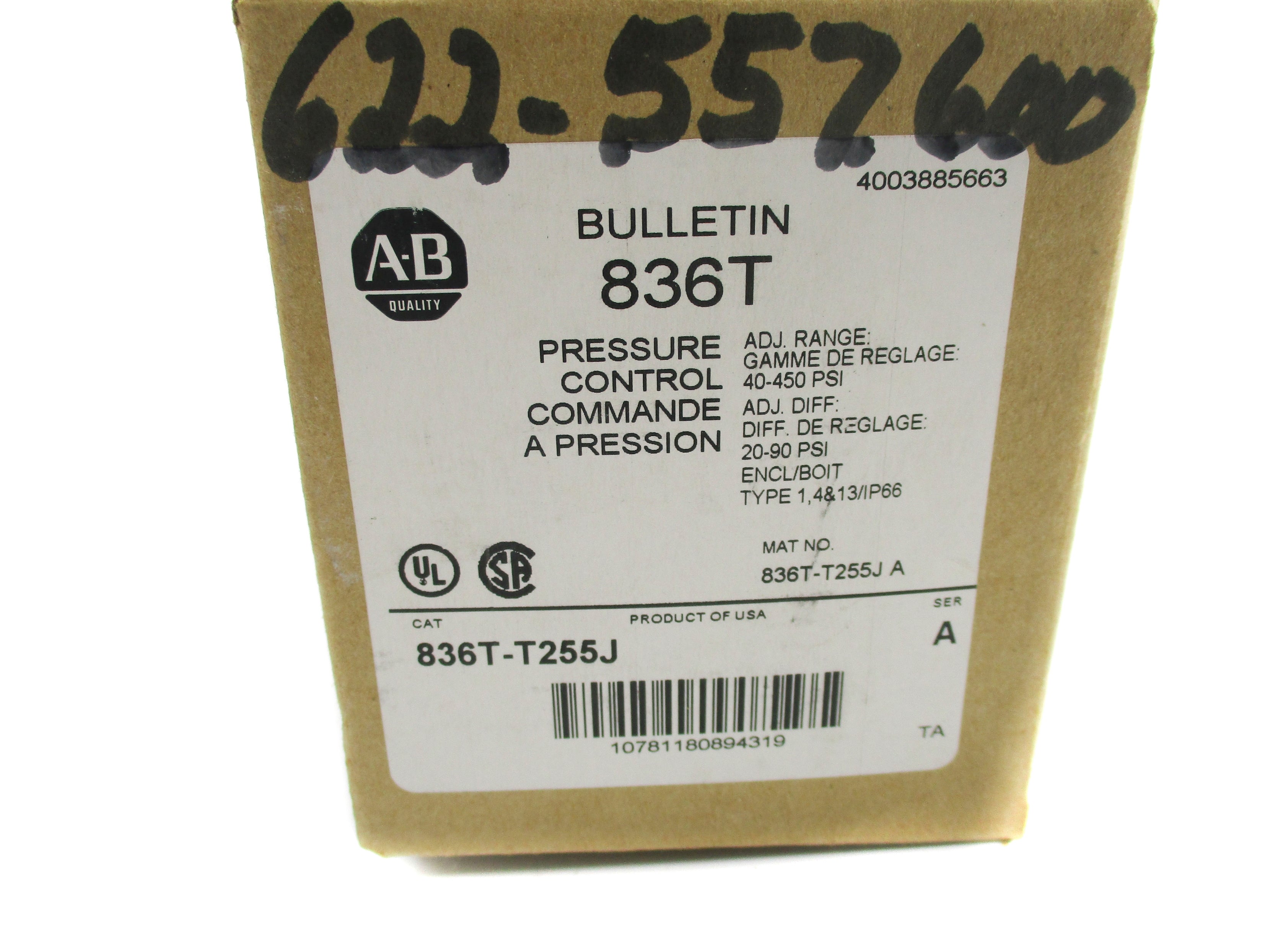 ALLEN BRADLEY 836T-T255J SER. A 40-450PSI (BR/WH) NSMP