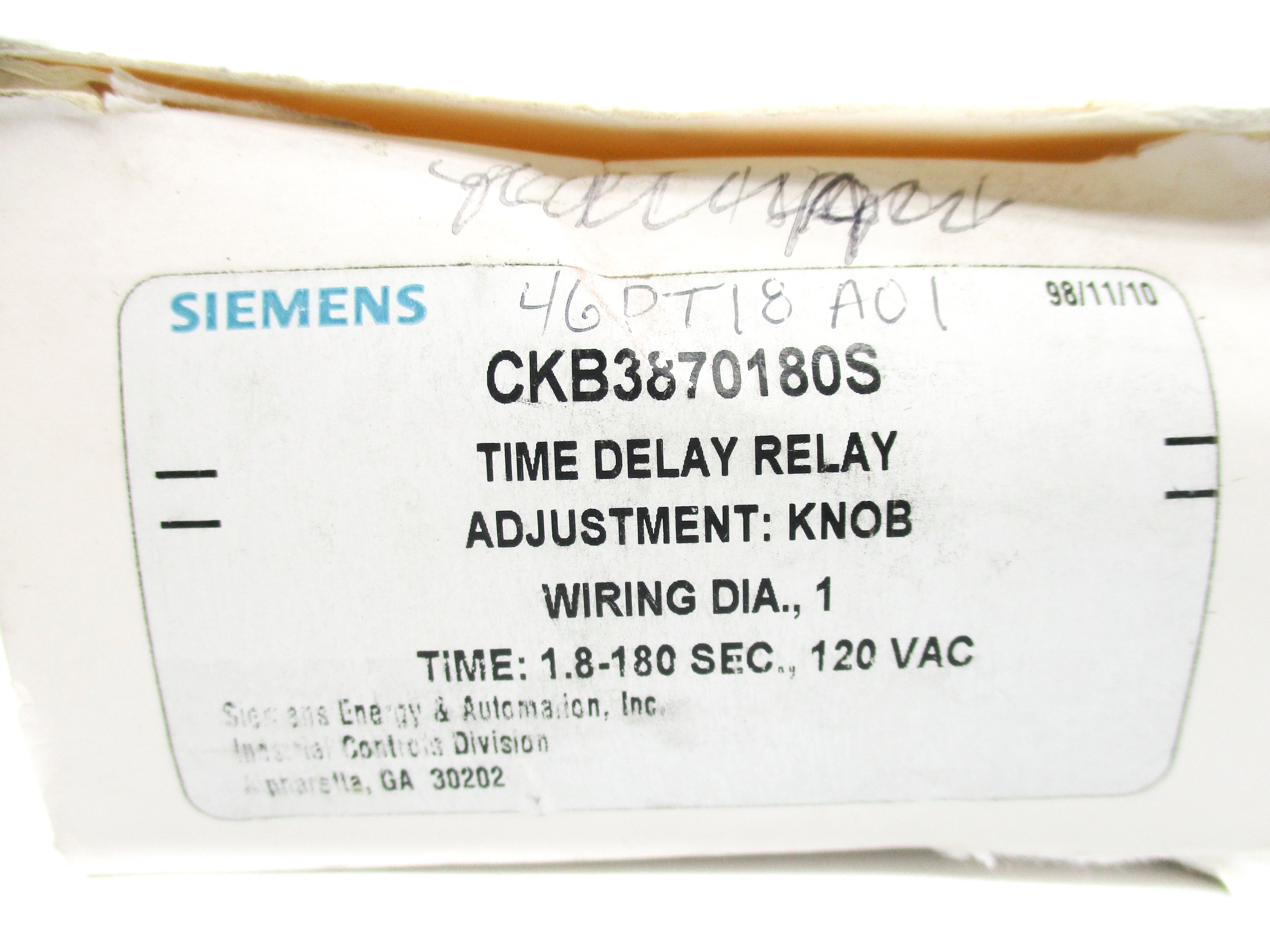SIEMENS CKB3870180S 1.8-180SEC 10A 120VAC NSMP