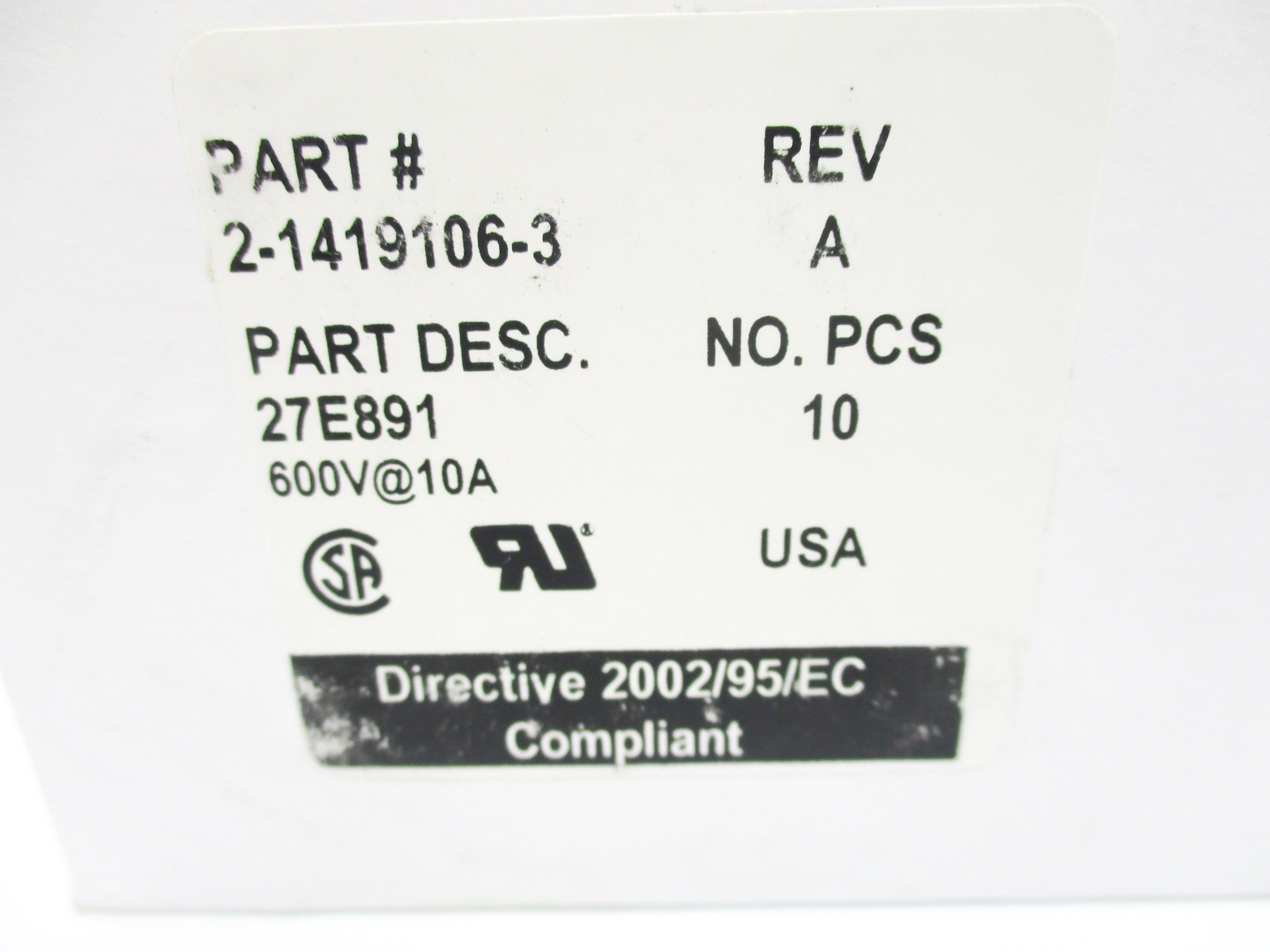 TYCO ELECTRONICS 27E891 SER. A 600V 10A (PKG OF 10) (WH) NSMP