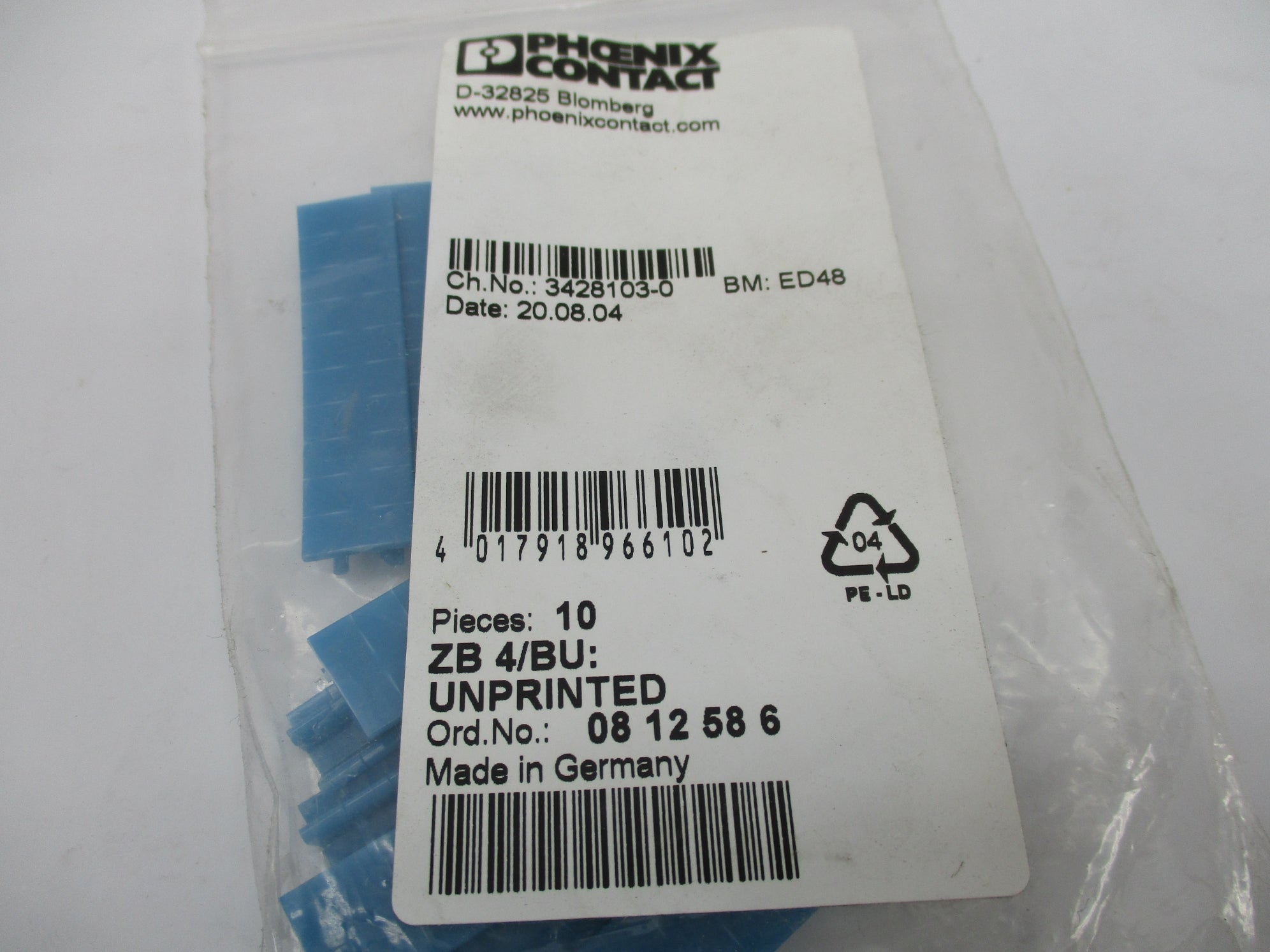 PHOENIX CONTACT ZB4/BU (PKG OF 10) NSMP
