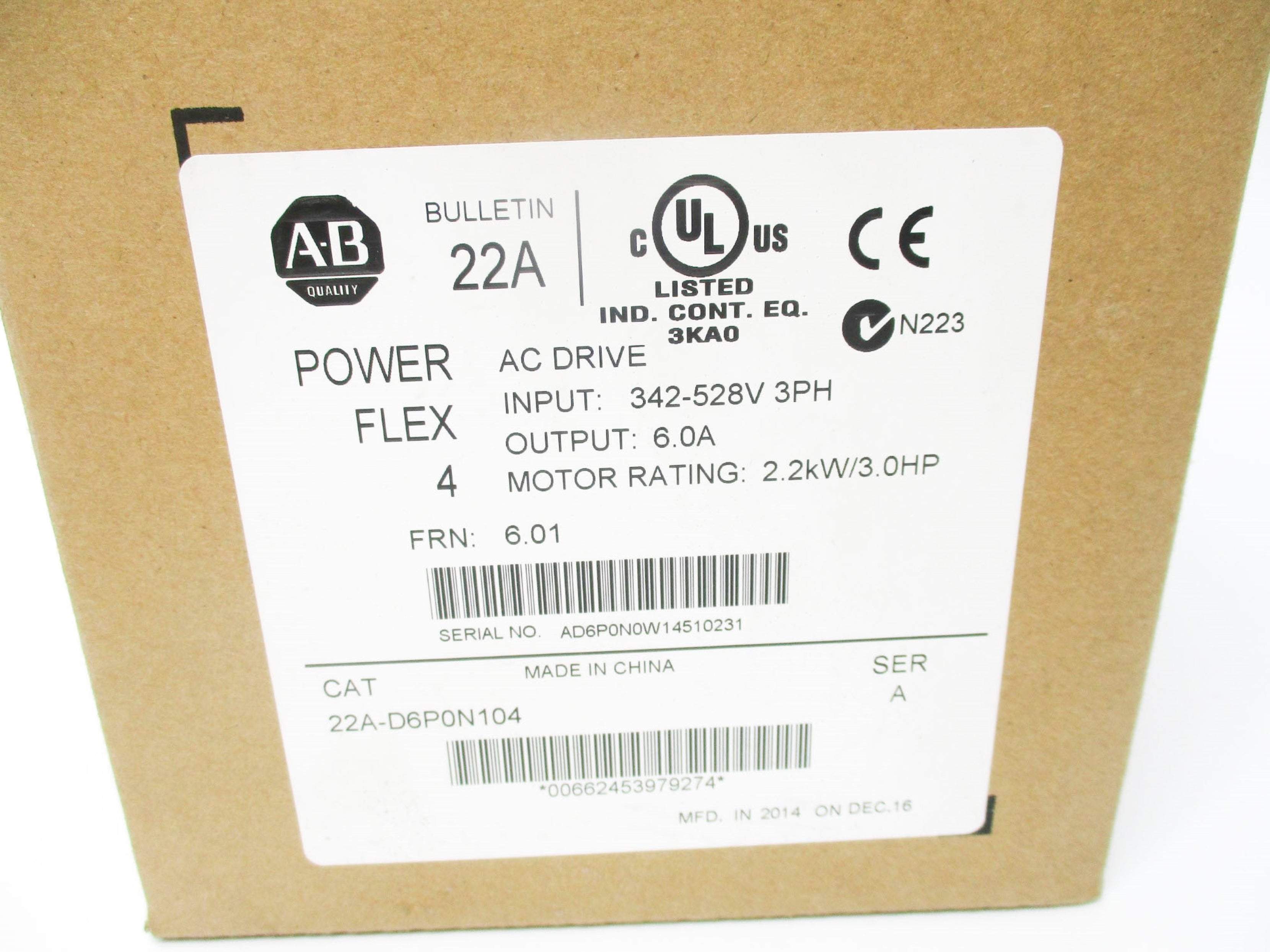 ALLEN BRADLEY 22A-D6P0N104 SER. A F/W 6.01 342-528VAC 7.5A NSMP