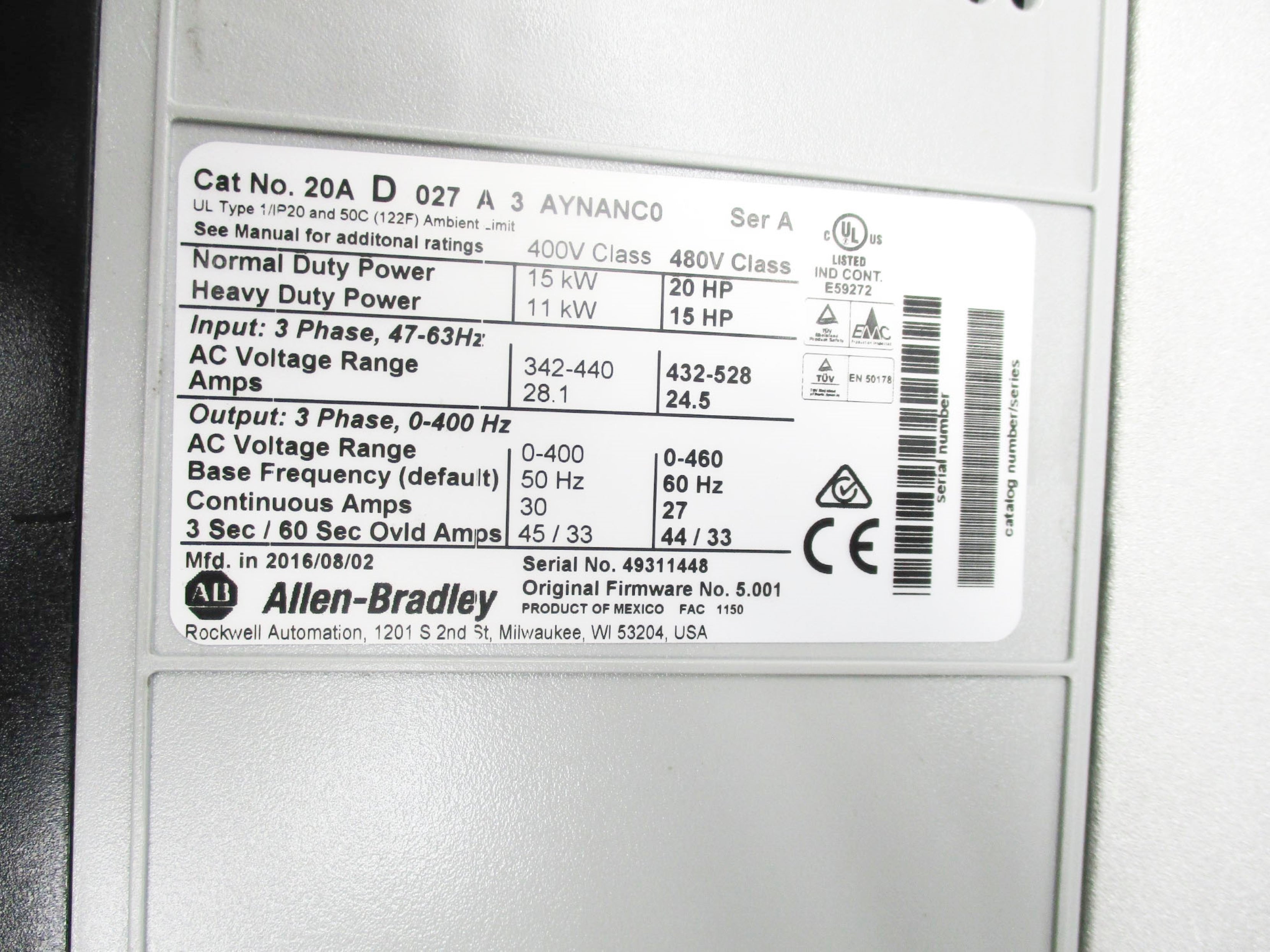 ALLEN BRADLEY 20AD027A3AYNANC0 SER. A F/W 5.001 NSNP
