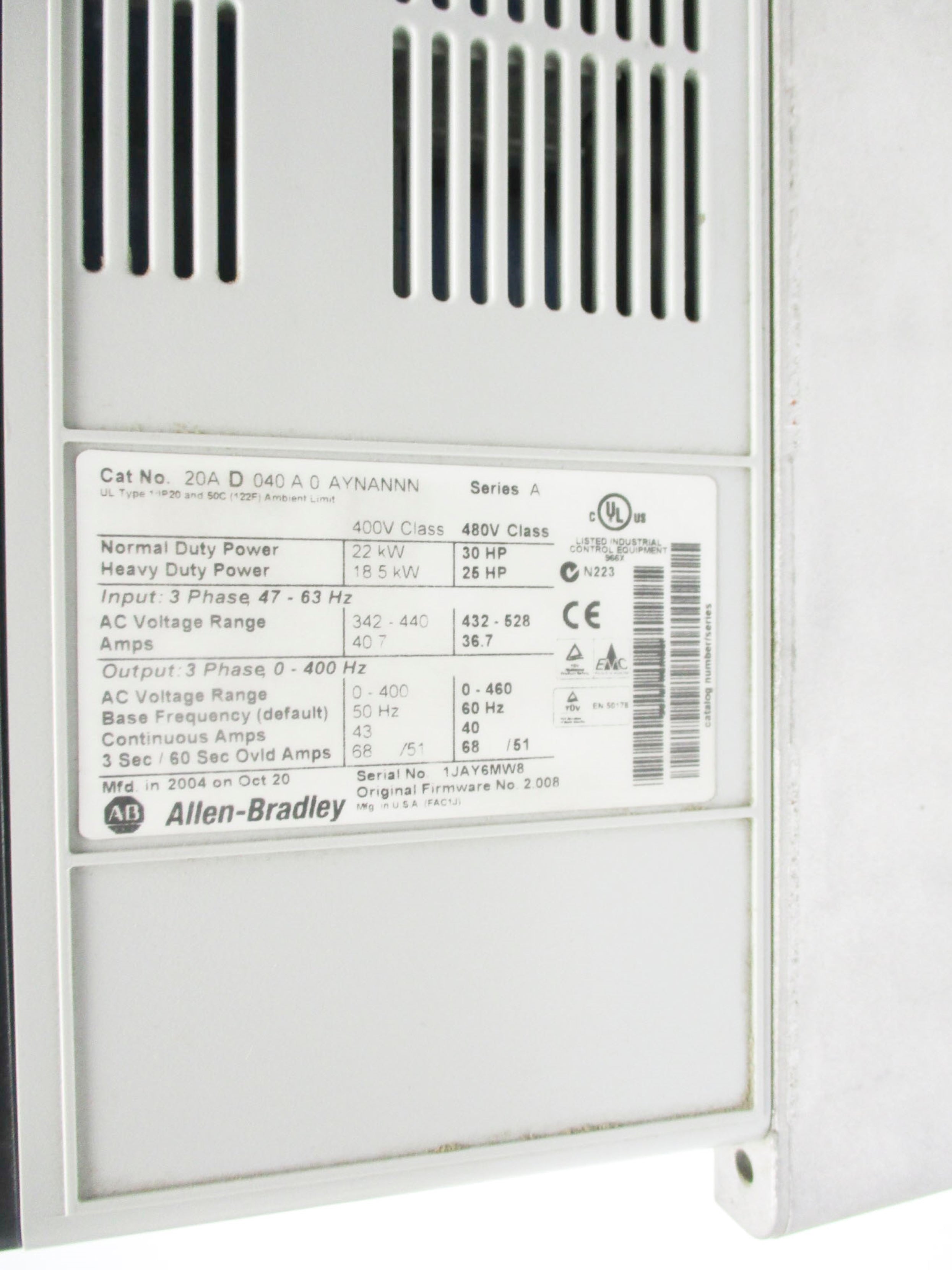ALLEN BRADLEY 20AD040A0AYNANNN SER. A F/W 2.008 UNMP