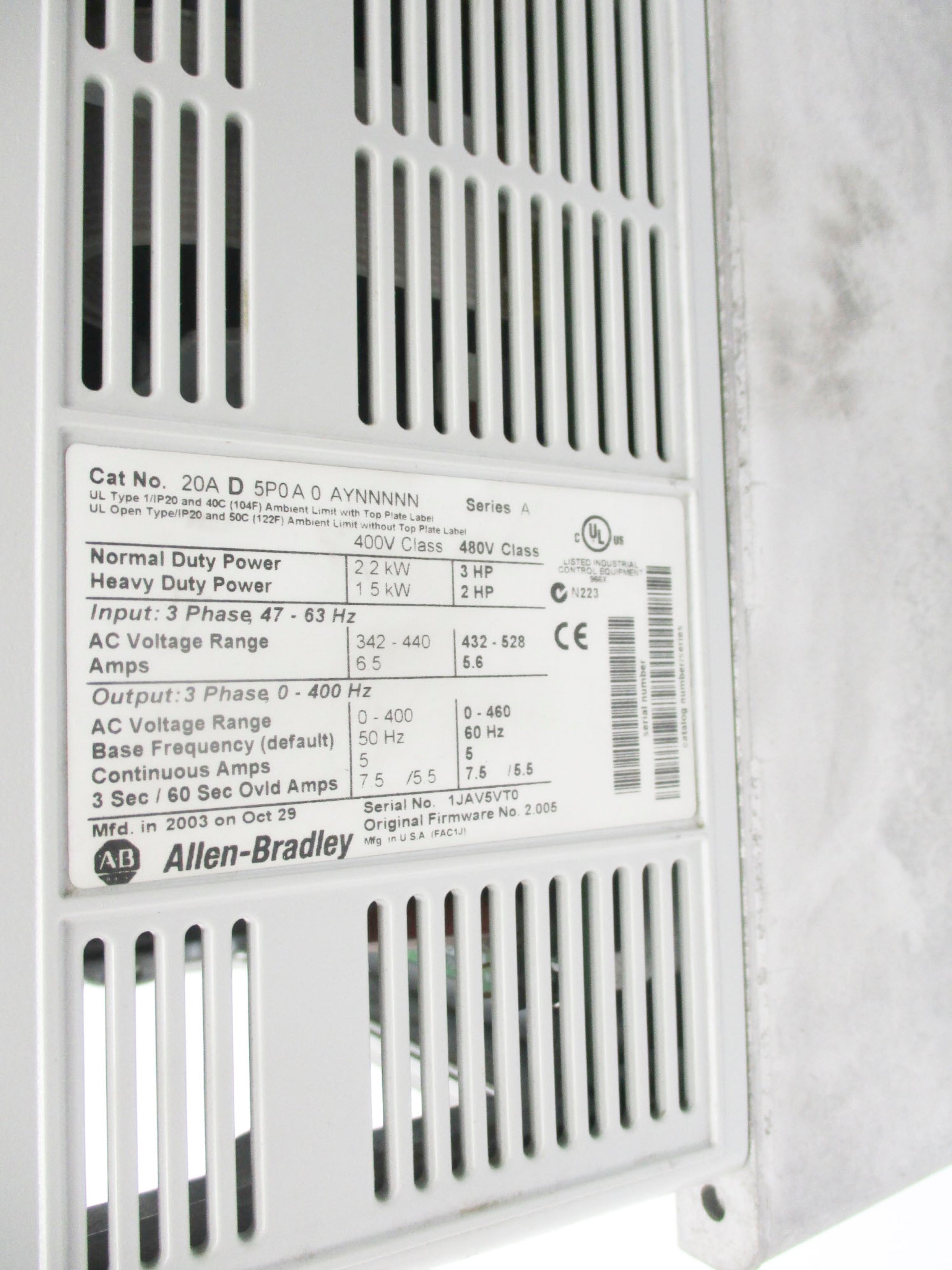 ALLEN BRADLEY 20AD5P0A0AYNNNNN SER. A F/W 2.005 480V (AS PICTURED) UNMP