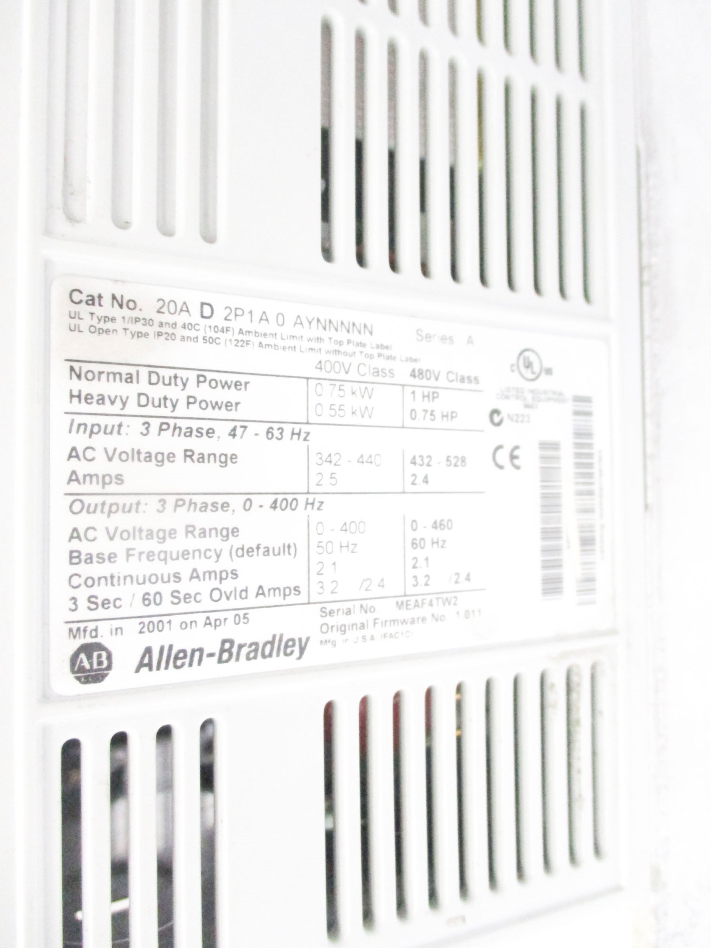 INDUSTRIAL SPARE PART 20AD2P1A0AYNNNNN SER. A F/W 1.011 (AS PICTURED) UNMP