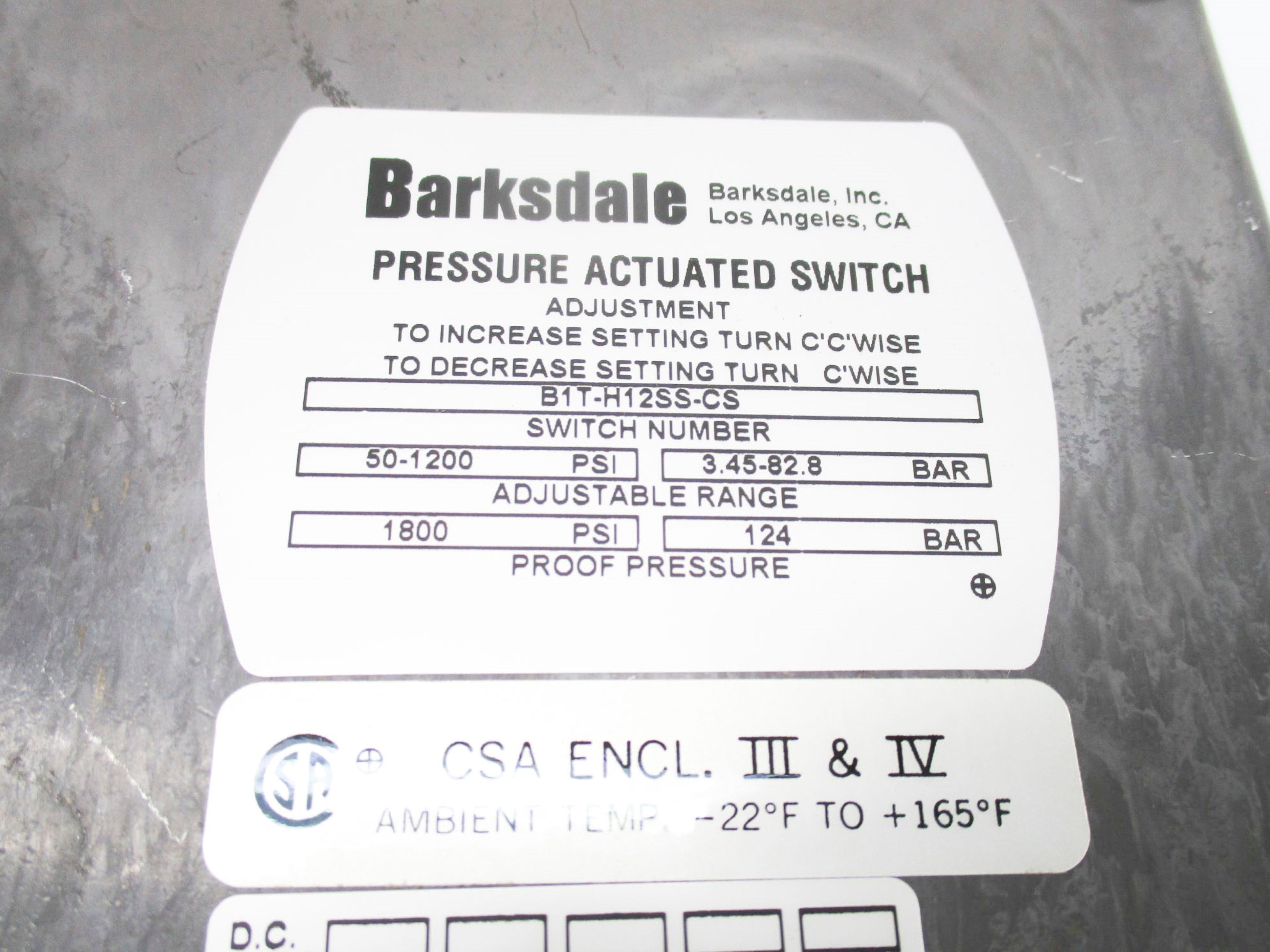 BARKSDALE B1T-H12SS-CS 1800PSI NSNP