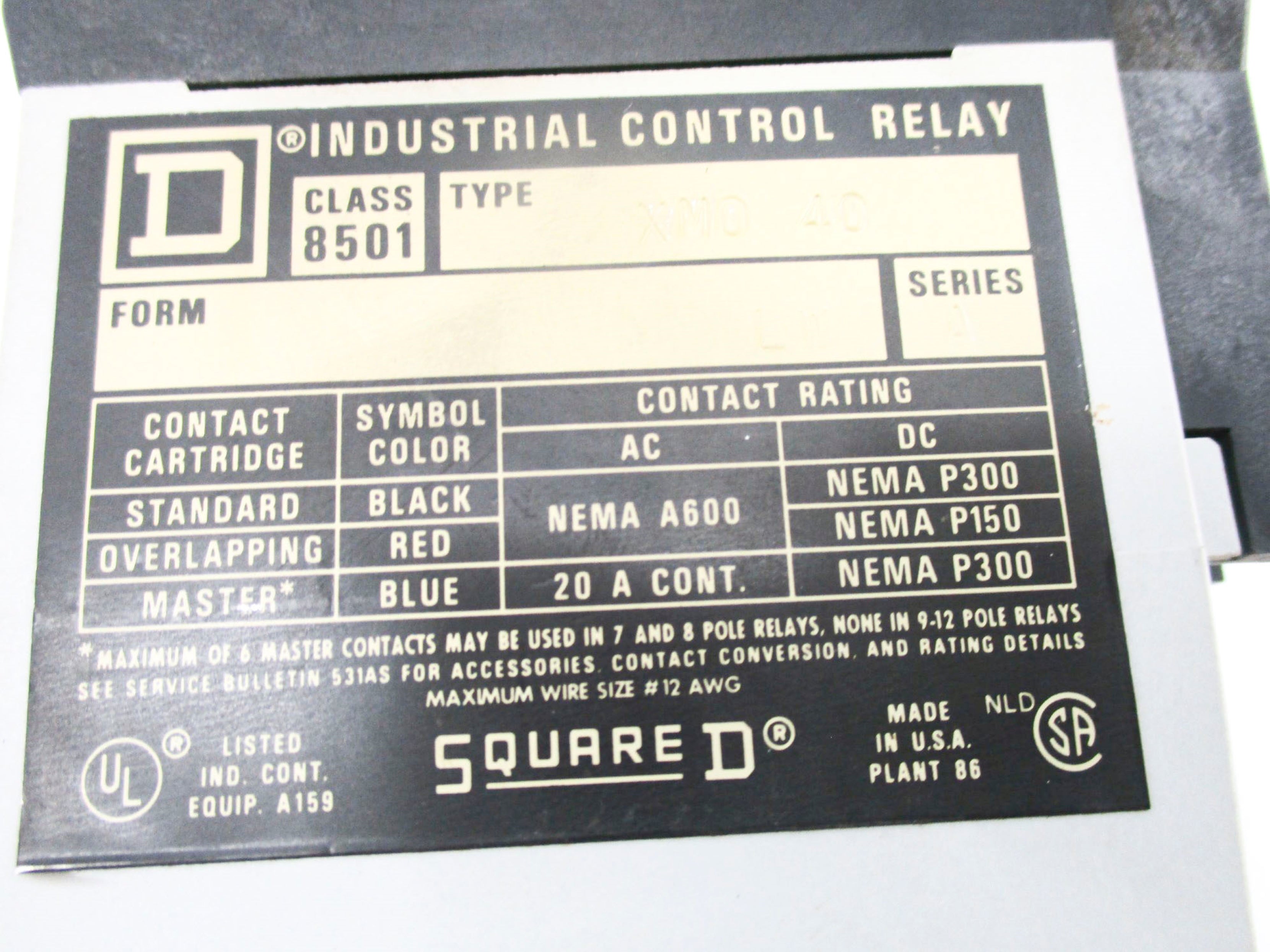 SQUARE D 8501XMO40V02 SER. A 110/120 UNMP
