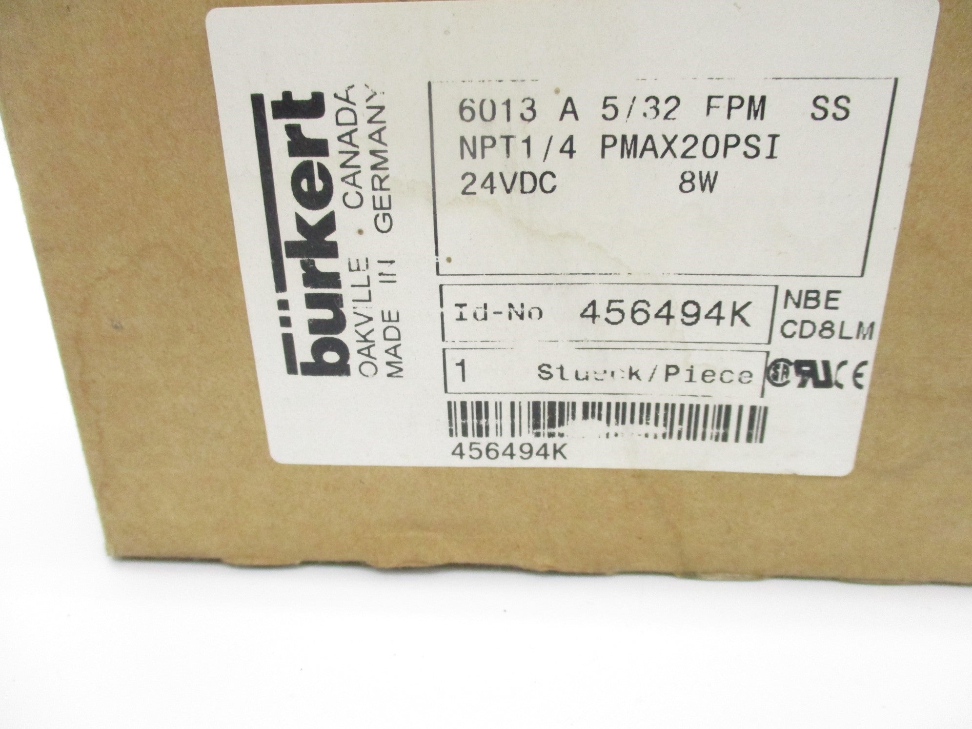 BURKERT 6013-A-5/32-FPM-SS-NPT1/4 24VDC 20PSI NSMP