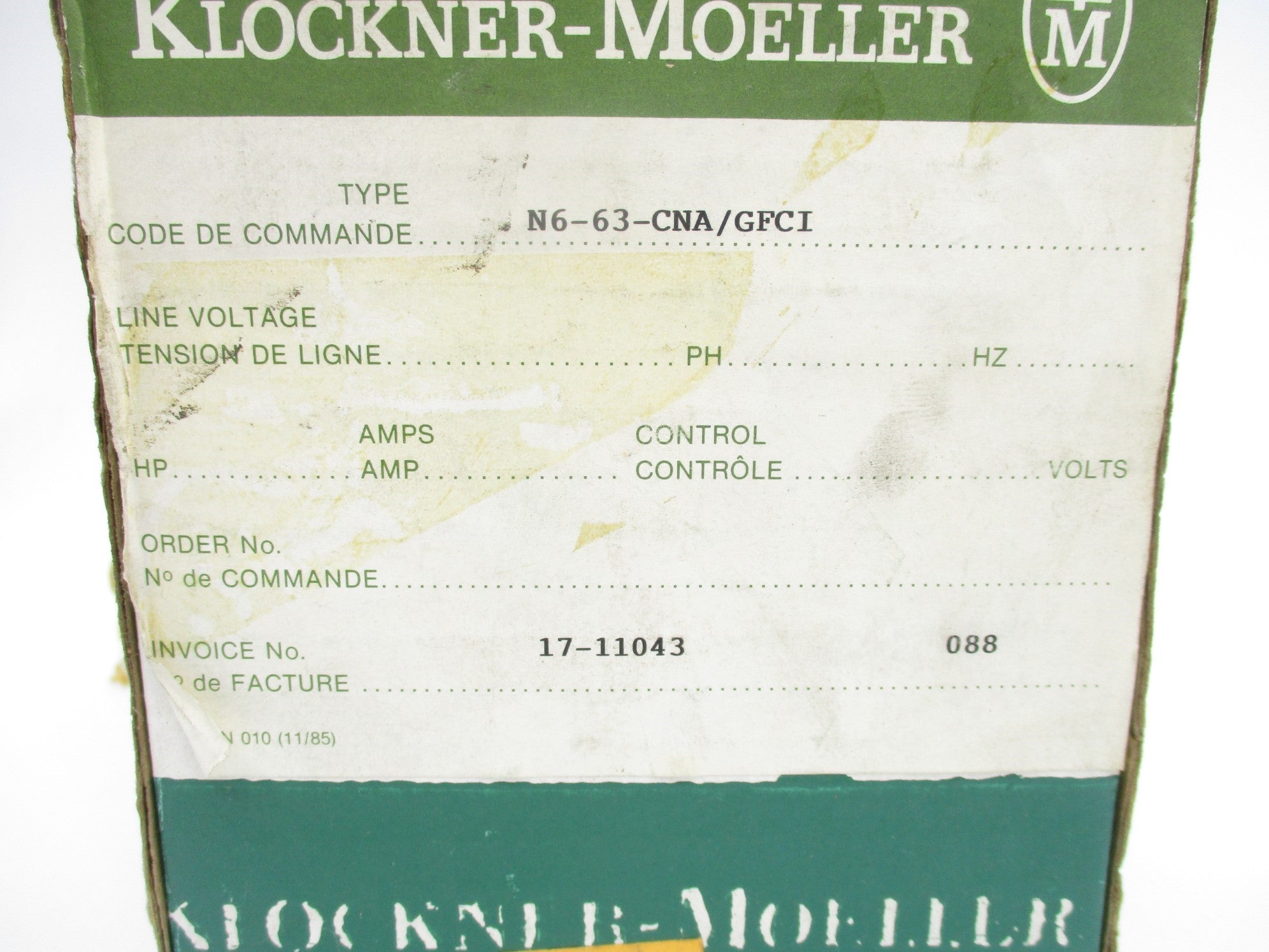 KLOCKNER MOELLER N6-63-CAN/GFCI FB2100PL 600V 63A NSMP