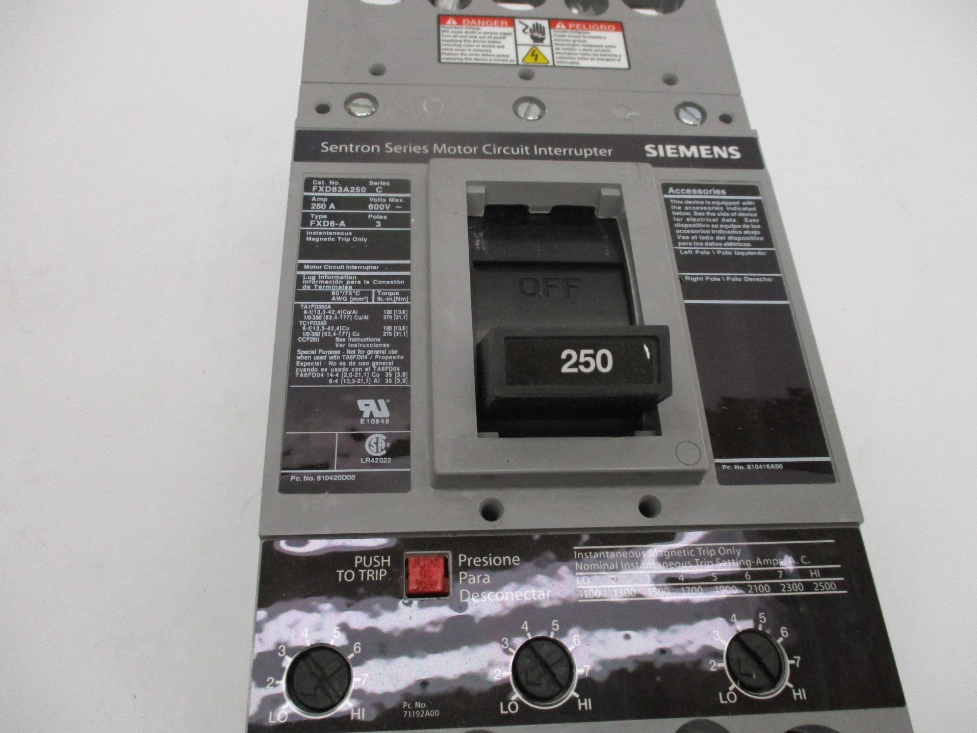 SIEMENS FXD63A250 SER. C 600V 250A NSMP